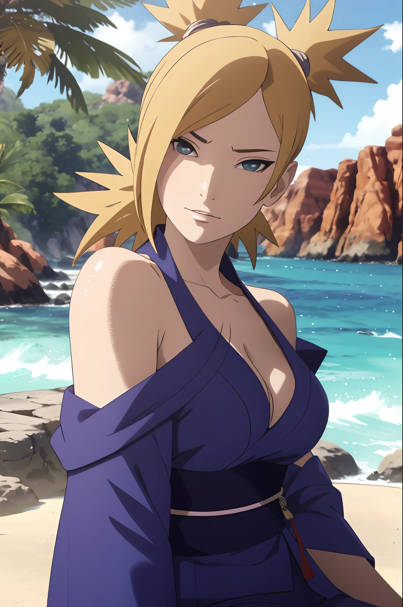 Masterpiece, absurderes , (Intricate details), (Colorful),cleavage，Be red in the face，Off-the-shoulder attire，Cinematic lighting,Bust Up Shot,Extremely detailed Cg Unity 8K wallpaper,Temari\(Boruto\), 1girll, Mature female,blue kimono,  Sitting, Outdoors,Wind,  view the viewer,ssmile，sea beach，the sea，coconut palms