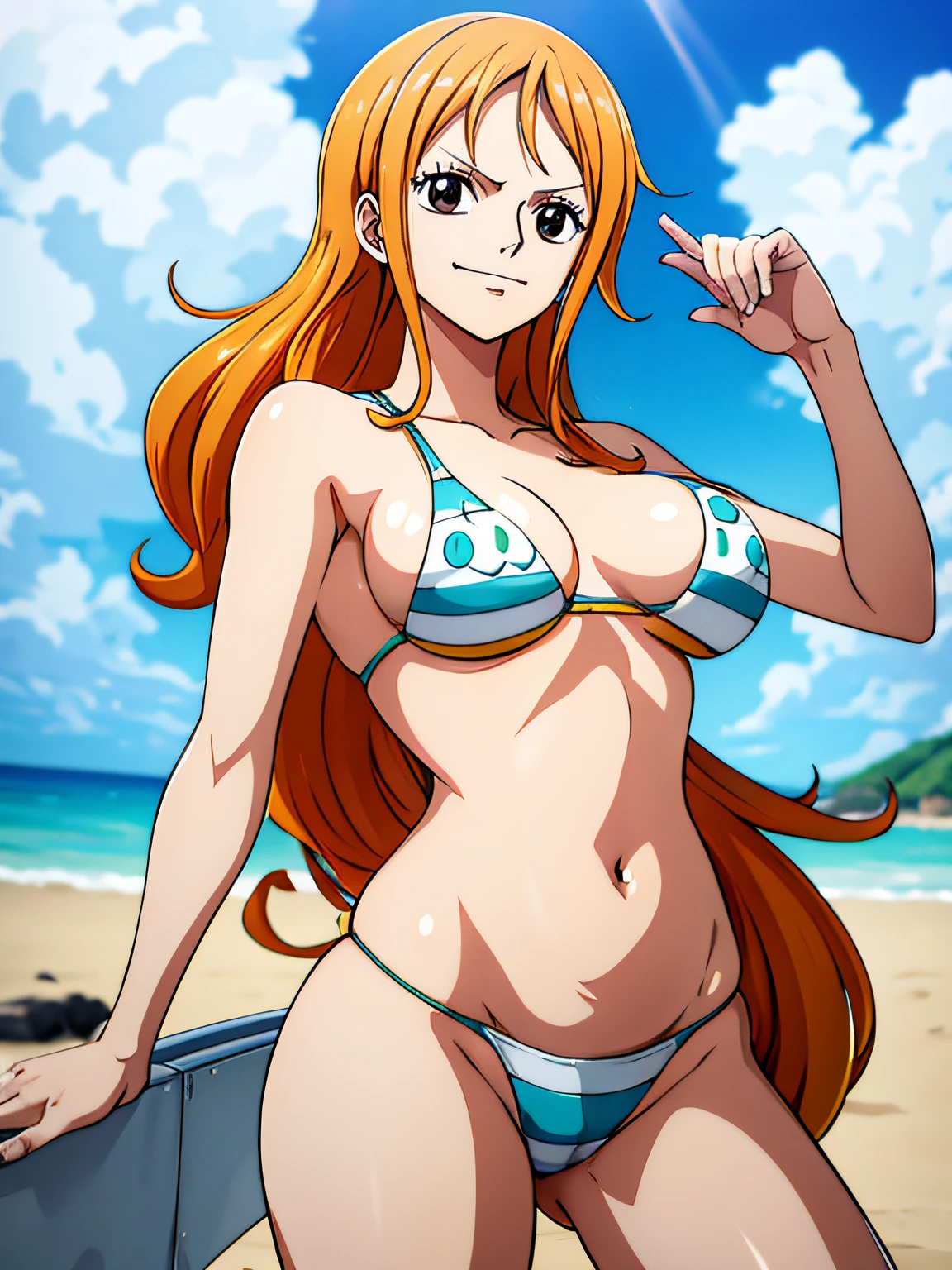 Nami de One Piece,Chica de pelo muy claro y amarillento,hermosos ojos marrones, Mejillas sonrojadas,en una nube en el cielo sonriendo al espectador,senos grandes,rubor en la mejilla con un pelo libre, The art style should resemble a captivating anime style. vivid colors, ,Su cabello debe ser de color naranja claro, barriga, barriga, pechos grandes, desnudo, desnudo