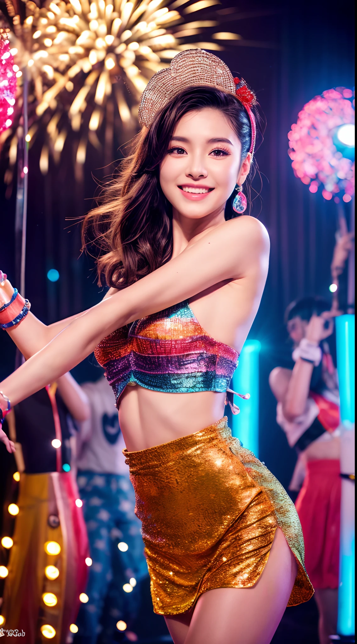 (best quality,4k,8k,highres,masterpiece:1.2),ultra-detailed,(realistic,photorealistic,photo-realistic:1.37),portraits,colorful,lighting effects,beautiful face, creative dress, stylish fashion,confident smile,trendy hairstyle, 90s, feminine charm,impeccable makeup,dancing pose,stage performance,vibrant stage background,spotlights,glamorous attire,bright costume,sparkling accessories,energetic movements,seductive gaze,perfect complexion,flawless skin,expressive eyes,celebrity status,pop music,adoring fans,confetti and fireworks,fancy stage props,heart-shaped stage,exuberant energy,entertaining crowd,electrifying atmosphere,sizzling performance,multicolored lights,dynamic presence,impressive dance routine,gorgeous visual spectacle,k-pop sensation, half body, half body, cowboy shoot, skinny, small breasts, skinny