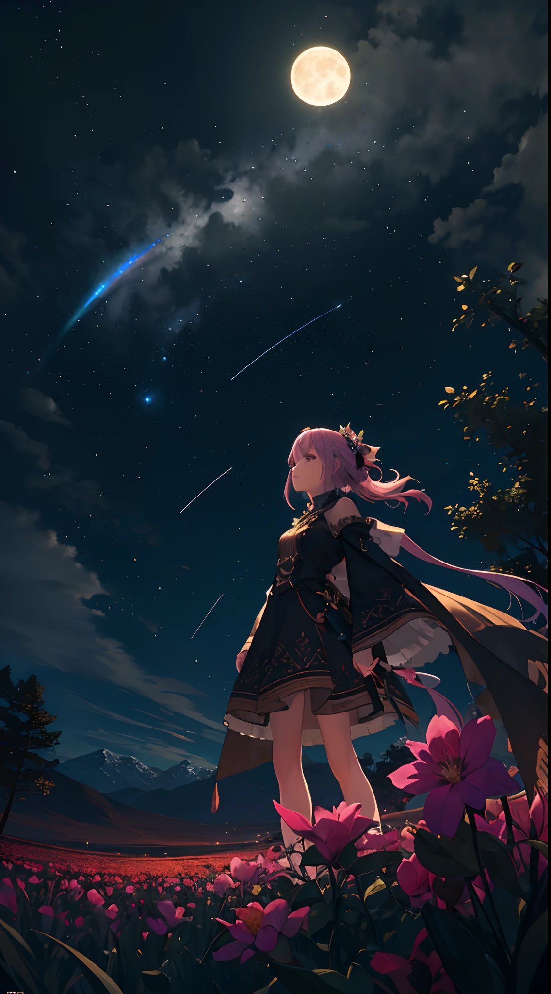 Vast landscape photo, (viewed from below, the sky is above and the open field is below), a girl standing on a flower field looking up, (full moon: 1.2), (meteor: 0.9), (nebula: 1.3), distant mountains , Trees BREAK Crafting Art, (Warm Light: 1.2), (Fireflies: 1.2), Lights, Lots of Purple and Orange, Intricate Details, Volumetric Lighting, Realism BREAK (Masterpiece: 1.2), (Best Quality), 4k, Ultra-Detailed, (Dynamic Composition: 1.4), Very Detailed, Colorful Details, (Rainbow Colors: 1.2), (Glow Lighting, Atmospheric Lighting), Dreamy, Magical, (Solo: 1.2)