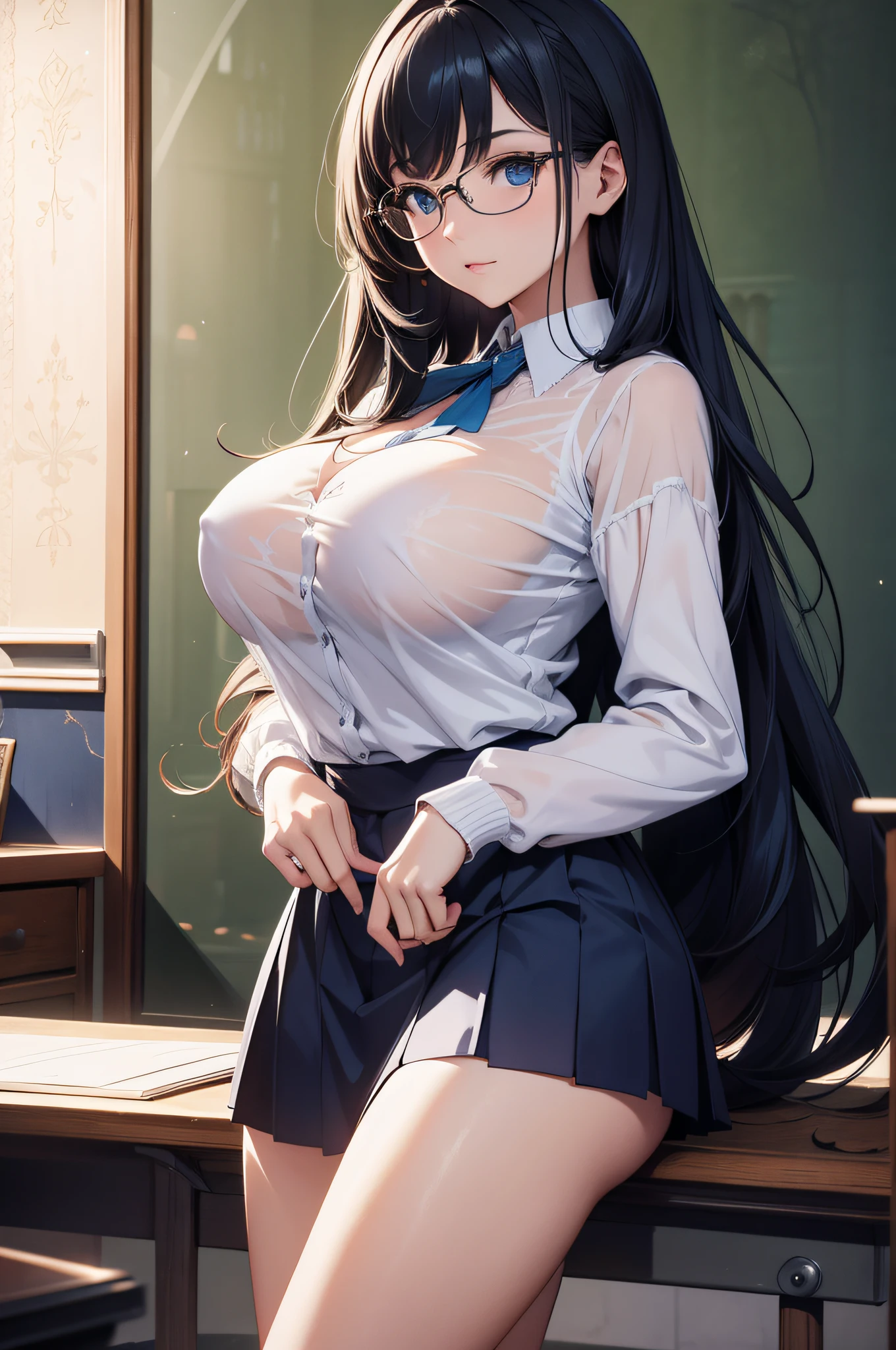 absurd, 8K, high resolution, Ultra-detailliert, beautiful, Meisterwerk, best quality, Jung, very pretty woman, White lingerie, Brille, detailliertes Frauengesicht, Sehr attraktiv, (very huge breasts:1.3 ), (sehr langes Haar:1.2), blaues Haar, gelbe Augen,