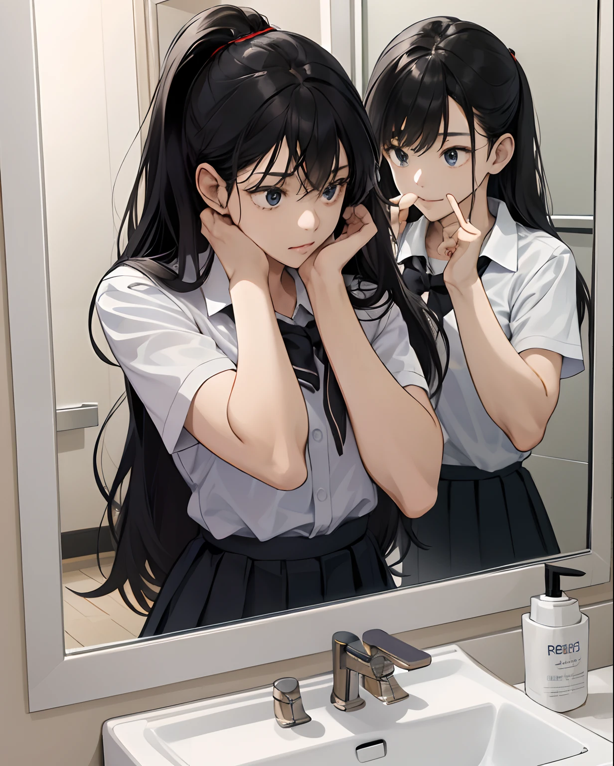 a girl with black and long hair, school uniform washing her face at washstand in washroom in school , mirror , washstand,