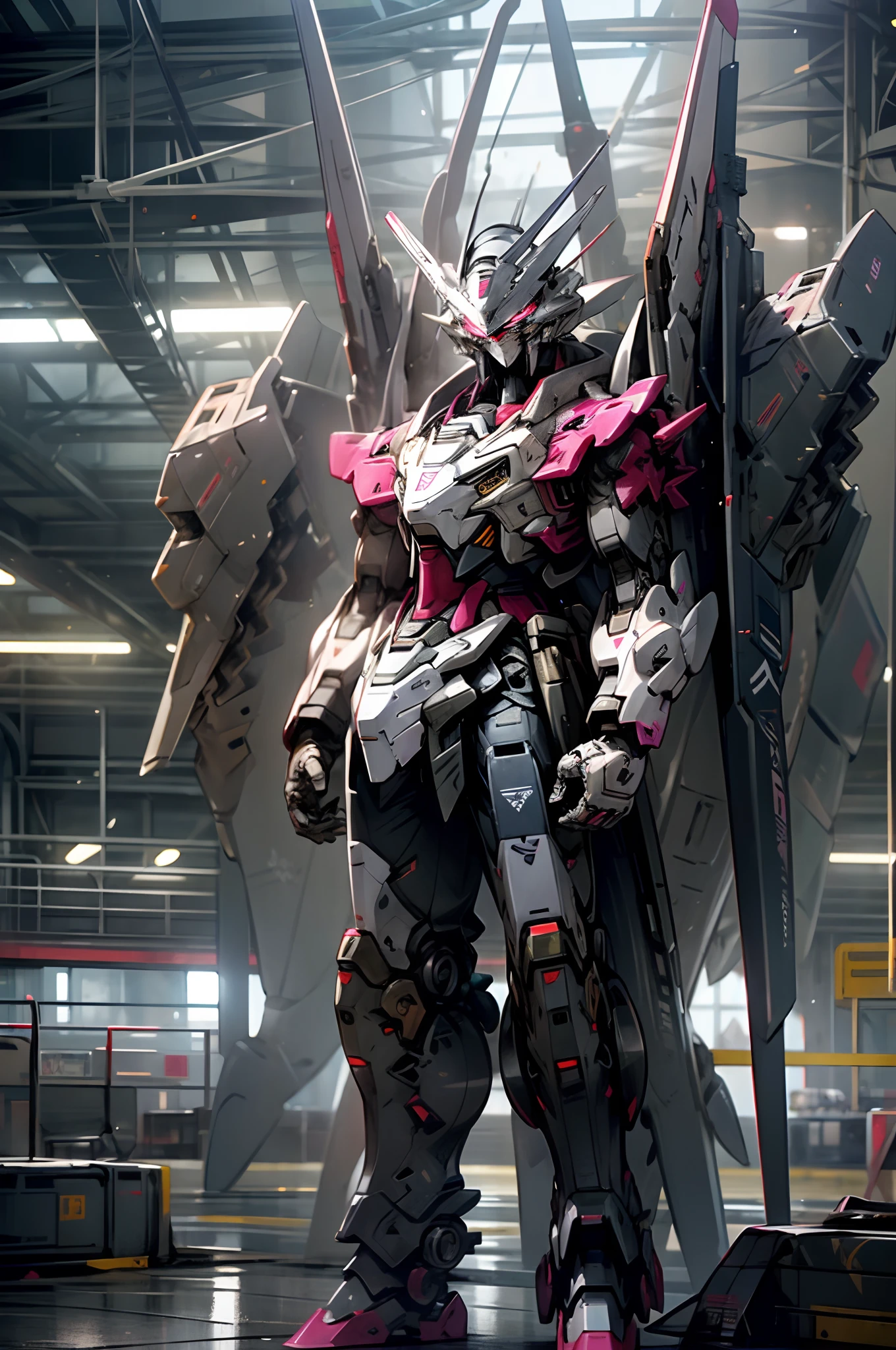 a big silver color robot suite, gundam-like, reaching one arm, looks like made of f22 raptor, glowing magenta eyes, standing in a hangar, a person stading infront of it,