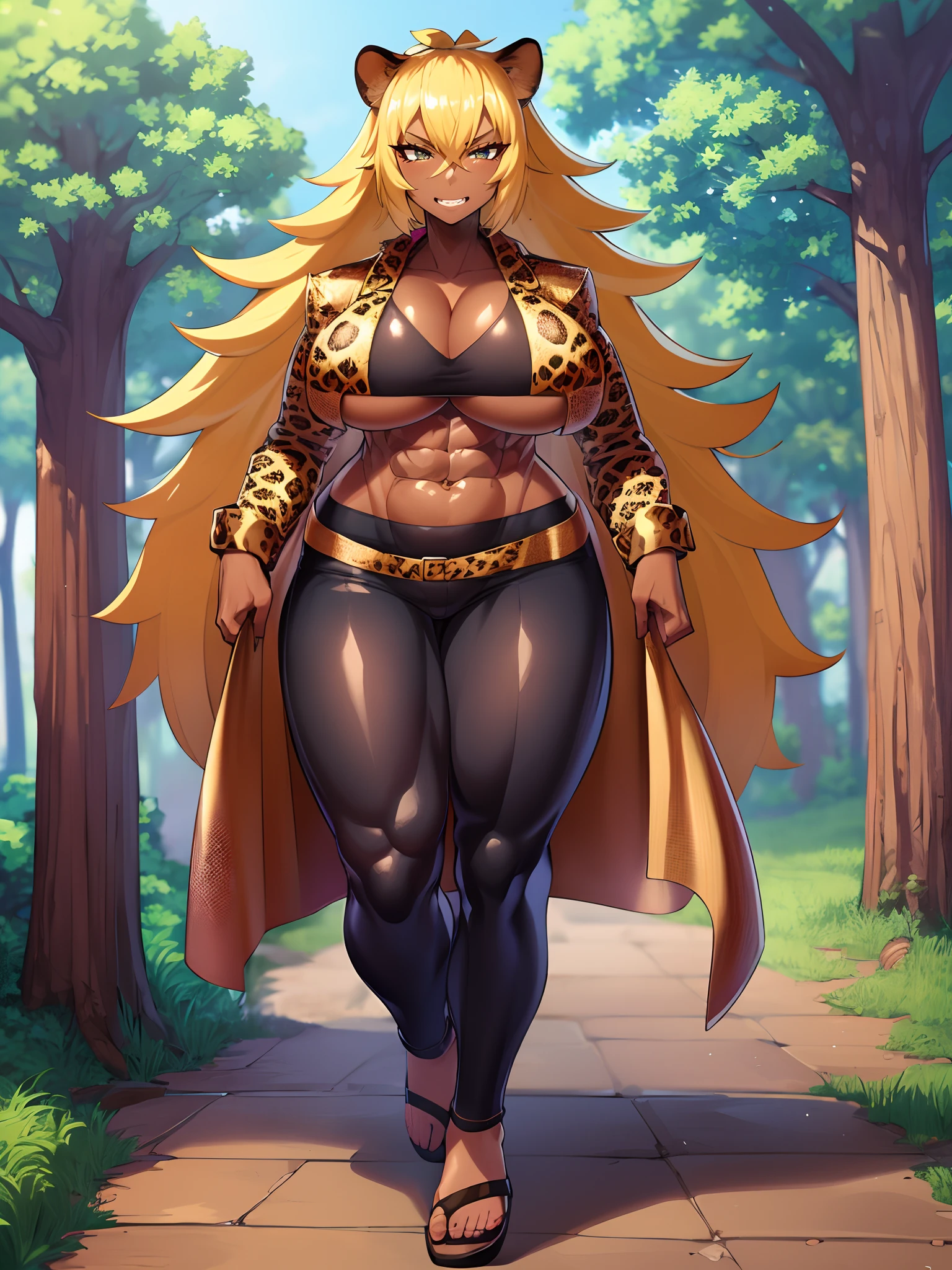 Muscle girl, dark-skinned woman, big chest, , happy,, coat jacket, pants, portrait, 1character, full body, walking, ,village, farm, , forest,flipflops,blond hair, revealing cloth, leopard cloths , barbarian, long hair