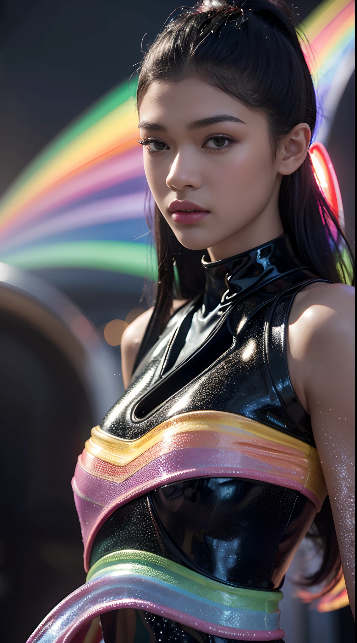 Zendaya amidst heavy thick gel rain, close up, glowing ebony black skin, clashing natural Elements swirling upon magical Rainbow colors tornado, photorealistic, hyperrealism, professional photography, DSLR, HDR, holographic emerging from 2D to 3D
