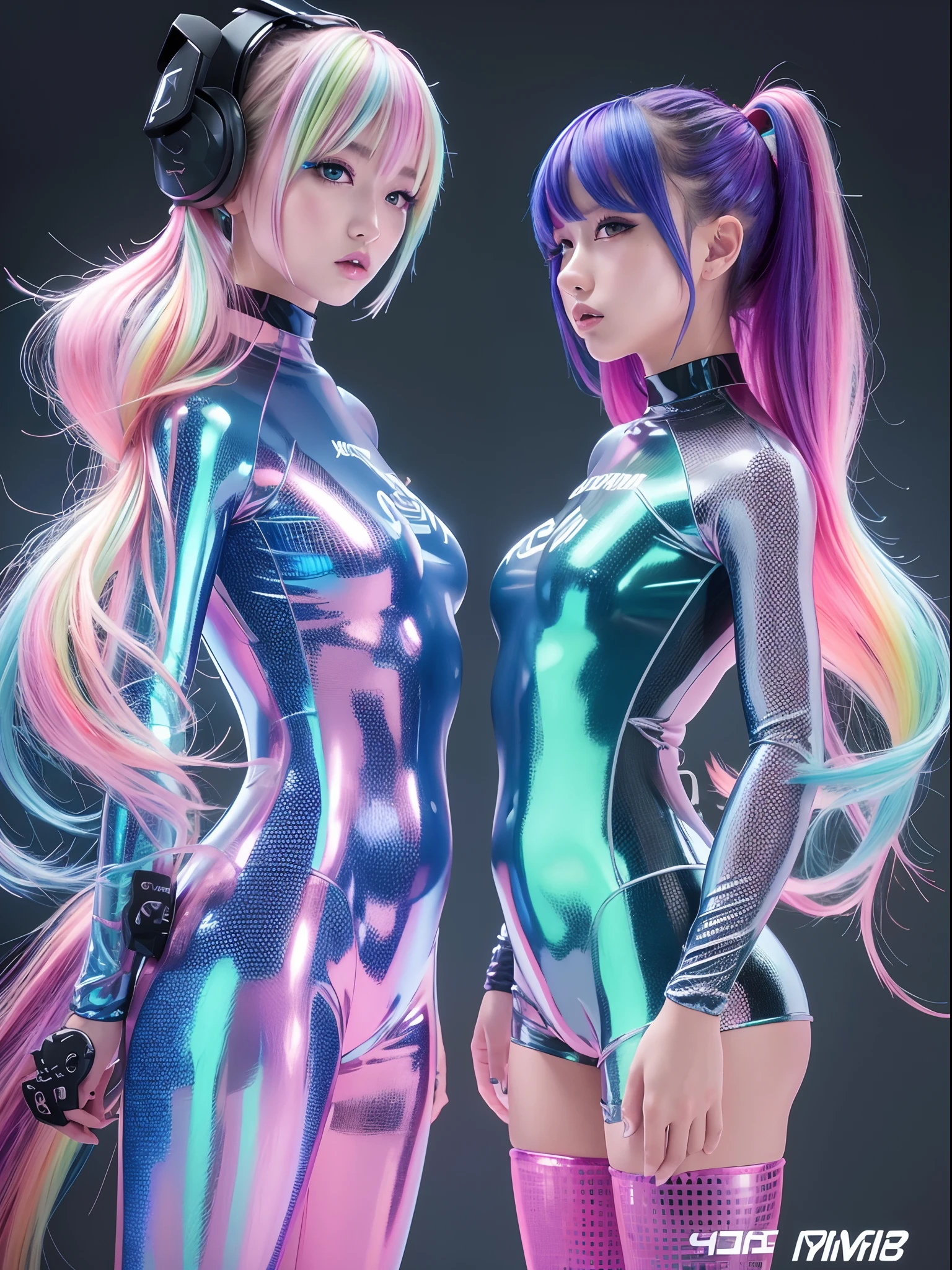 transparent color pvc clothing, Transparent color vinyl clothes, prisma, Holographic, chromatic abberation, fashion illustration, Master Parts, Fashion Harajuku Girls, look at viewr, 8K, ultra-detailliert, pixiv