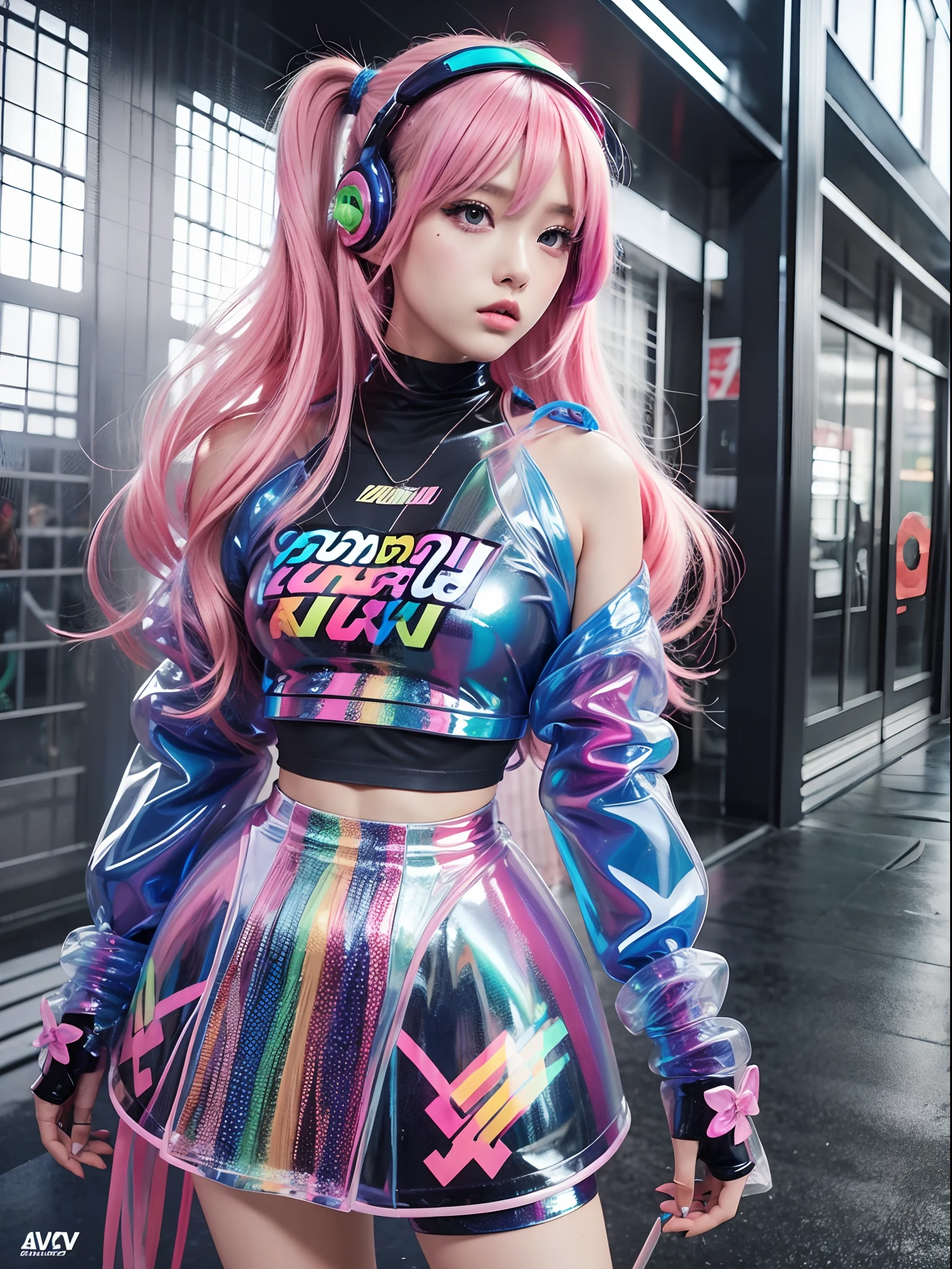 transparent color pvc clothing, Transparent color vinyl clothes, prisma, Holographic, chromatic abberation, fashion illustration, Master Parts, Fashion Harajuku Girls, look at viewr, 8K, ultra-detailliert, pixiv