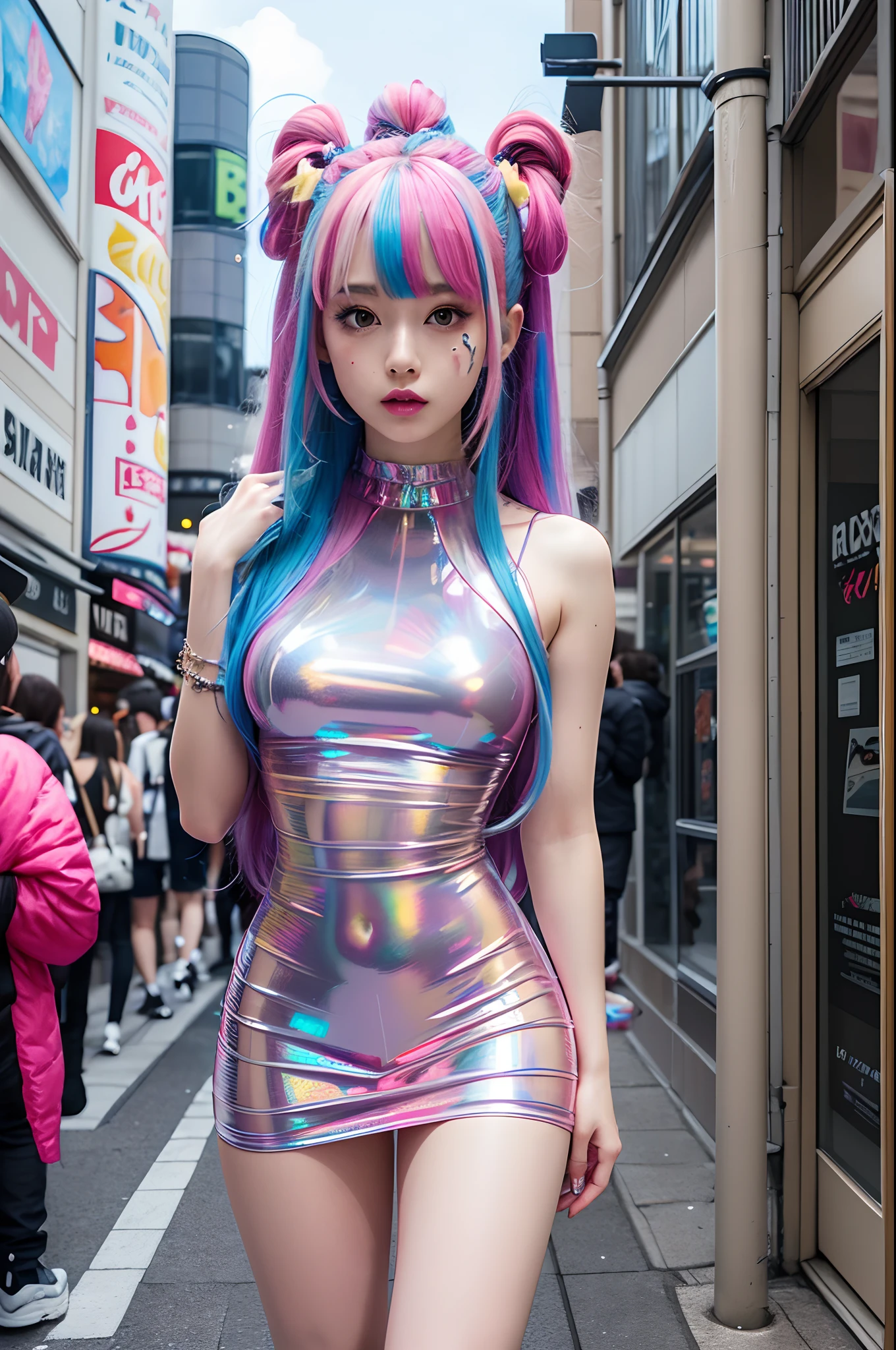 transparent color pvc dress, Transparent color vinyl clothes, prisma, Holographic, chromatic abberation, fashion illustration, masutepiece, Girls in Harajuku Fashion, Looking at Viewer, 8K, ultra-detailliert, pixiv