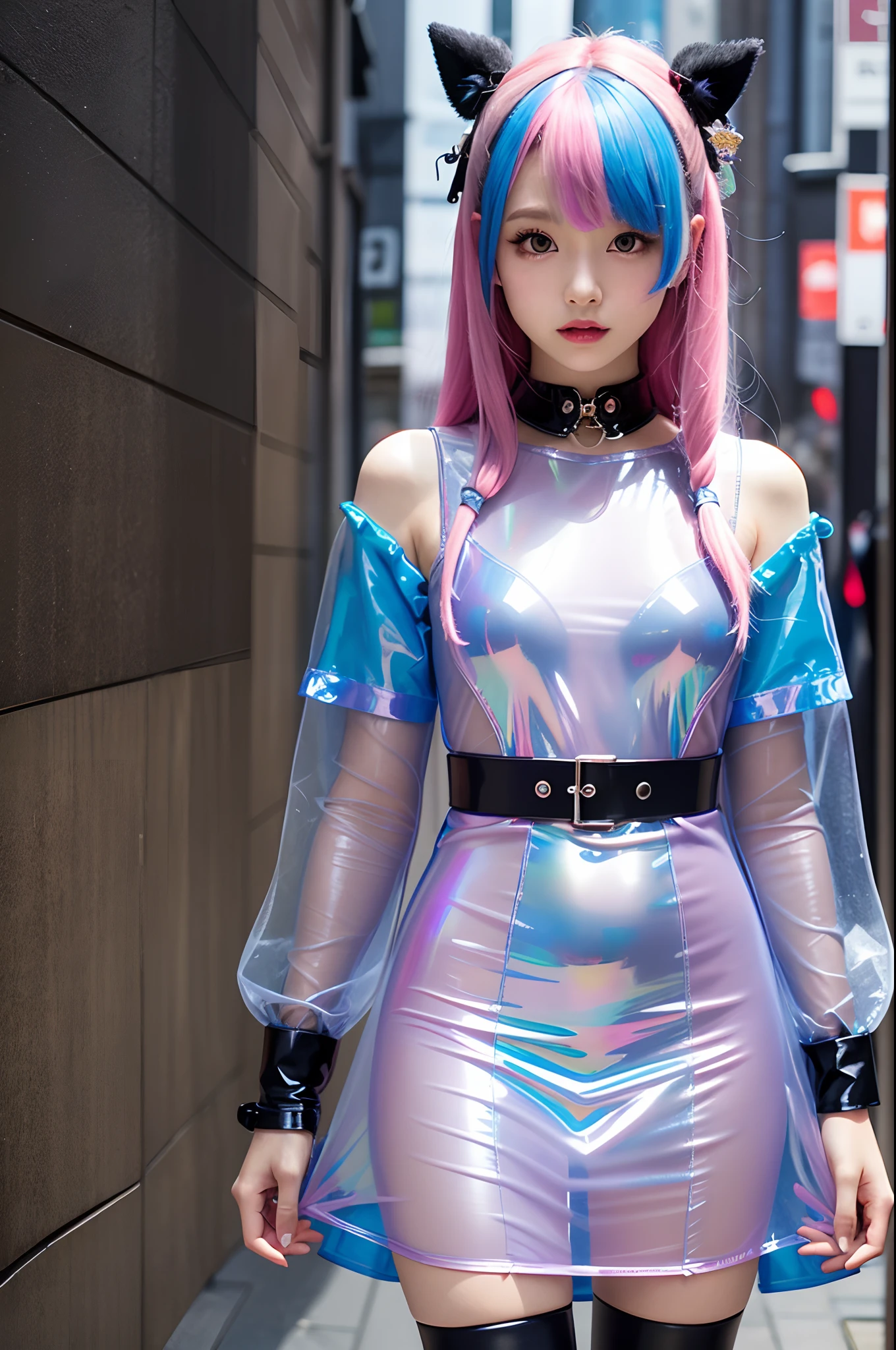 transparent color pvc dress, Transparent color vinyl clothes, prisma, Holographic, chromatic abberation, fashion illustration, masutepiece, Girls in Harajuku Fashion, Looking at Viewer, 8K, ultra-detailliert, pixiv
