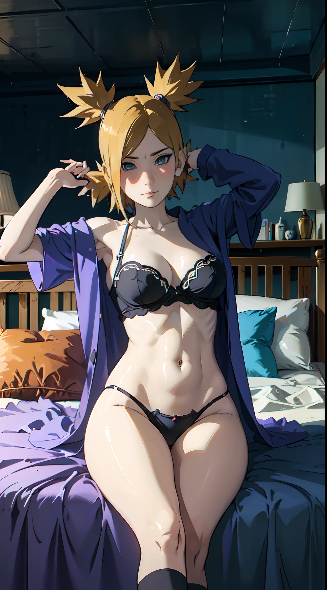 ((((masterpiece, best quality, high resolution)))), 1girl, wavy hair, average breasts, blush, light smile, glow, thighs, bare shoulders, collarbone, narrow waist, cleavage, (masterpiece), (beautiful detailed face, beautiful detailed eyes), bedroom, night time, lying on bed, arms up, (from above view), (black lingerie), hands behind head, temari\(boruto\)