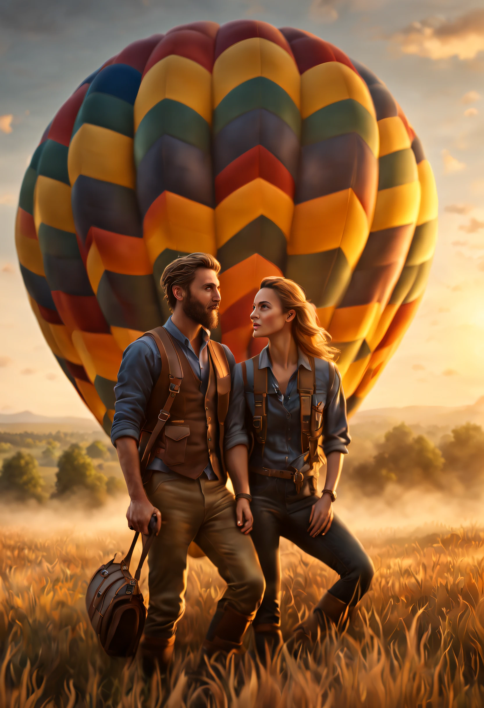 (best quality, 4k, 8k, high resolution, masterpiece: 1.2), ultra detailed, (realistic, photorealistic, photorealistic: 1.37),A couple travels in a hot air balloon,cinematic lighting,award-winning image