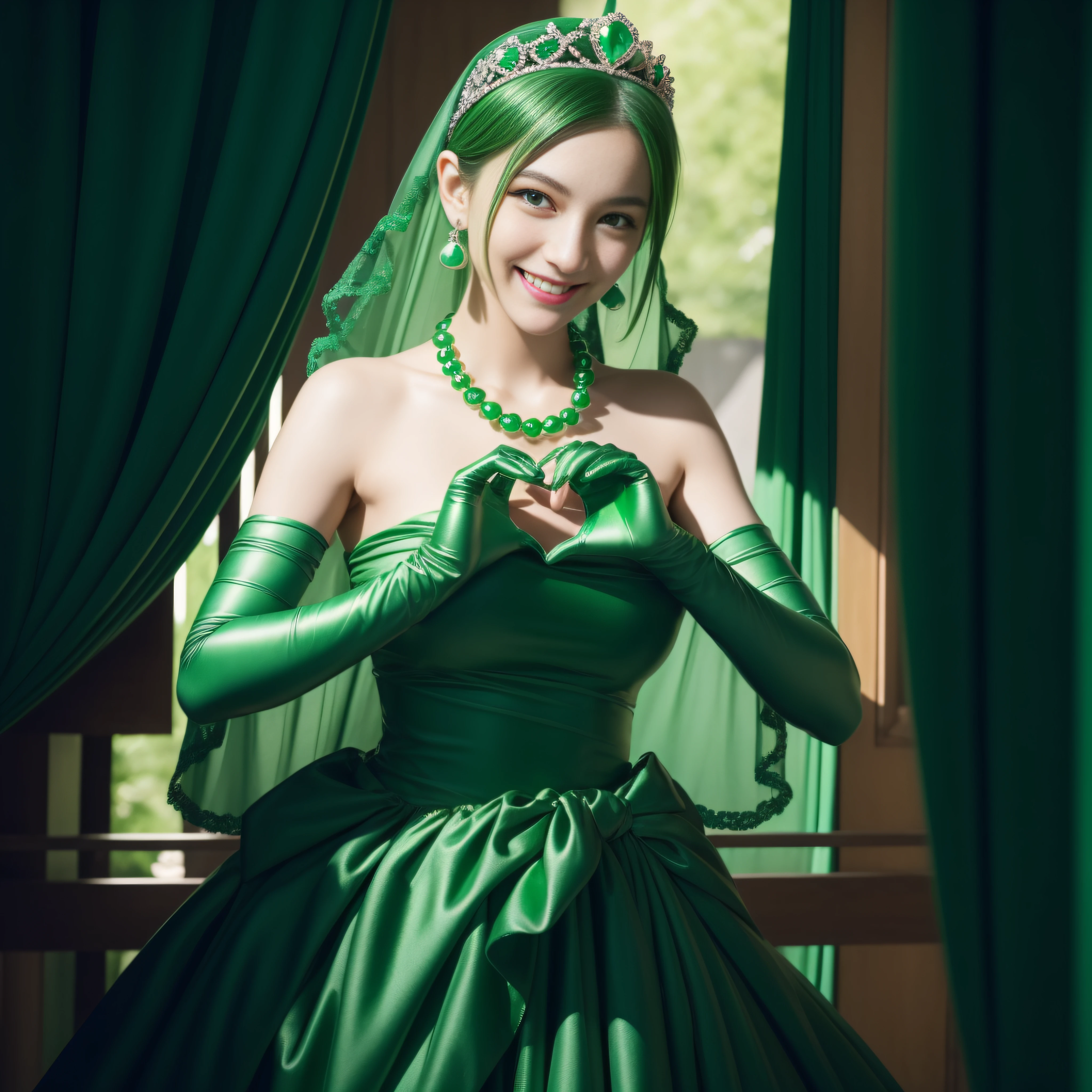 emerald tiara, Green Pearl Necklace, Boyish very short green hair, lipsticks, Japan woman smiling, very short short hair, big breasts beautiful, Green eyes, Long green gloves made of satin material, Green eyes, Emerald Earrings, green vale, Heart with both hands
