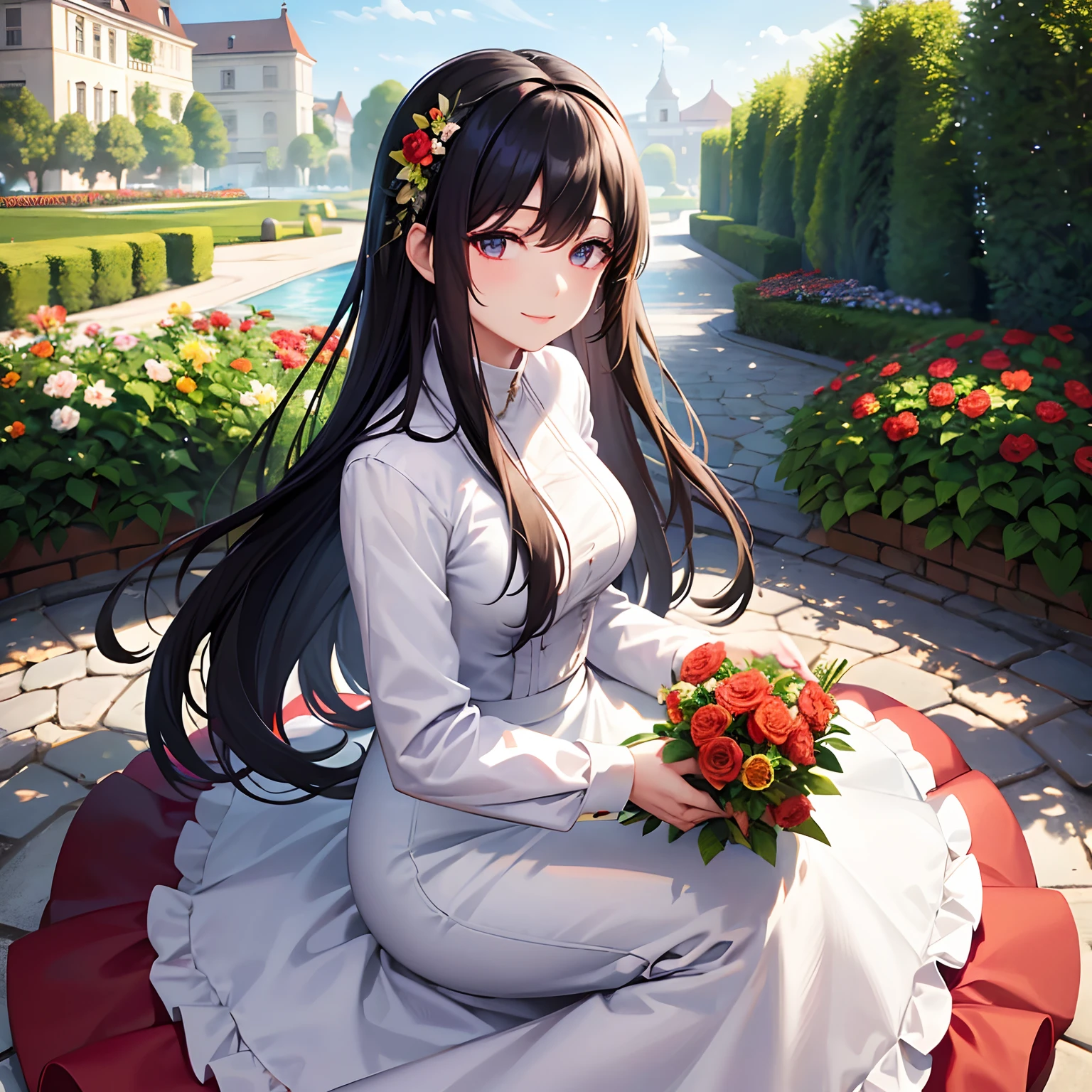 full sleeve white shirt,red full skirt, long black hair, adult lady, mother, garden background, beautiful smile, holding a bunch of flowers,flower garden, looking at viewers, sky blue realistic eyes