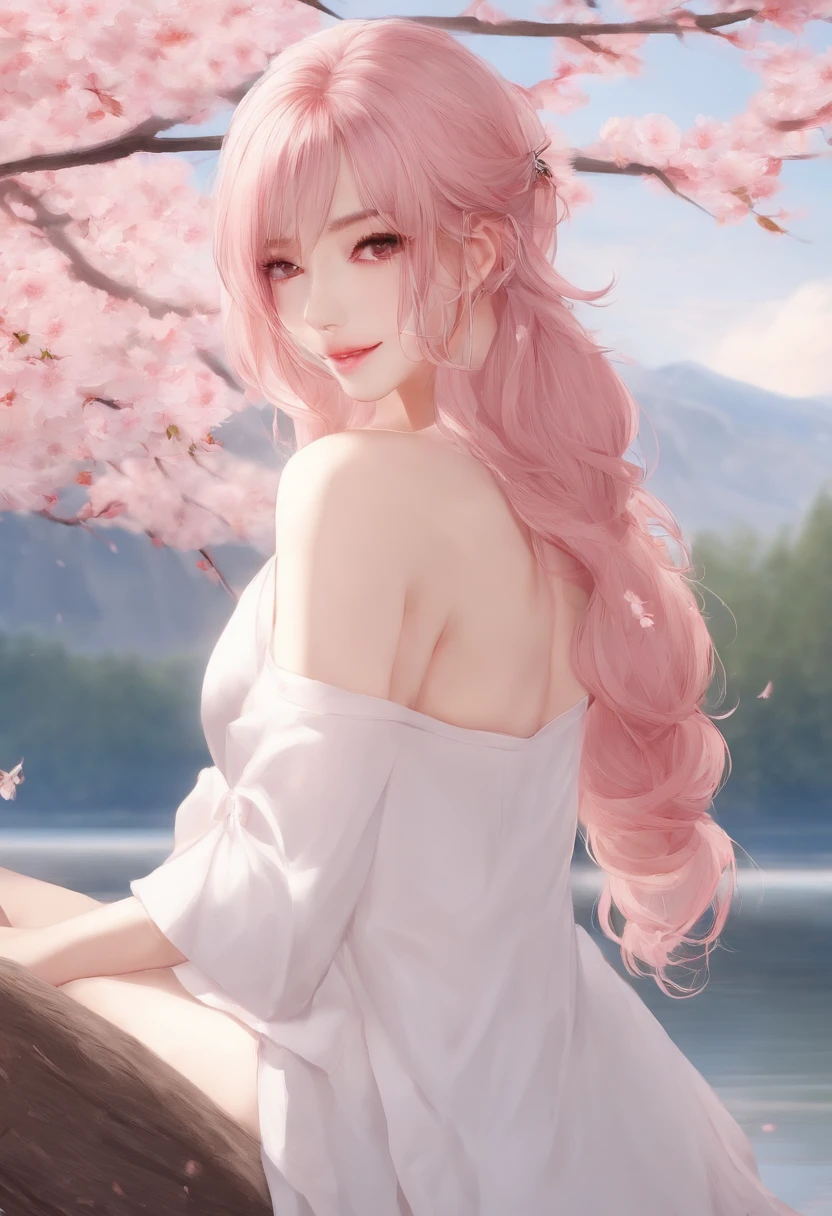 The bikini,Red Eyes, Ring, Smile, Solo, White shirt, under a cherry blossom tree,cherryblossom,NSFW,Clear next to the lake,blonde hair,Gradient Hair,Clear moonlight,(beautiful night)pink areolae,Briefs are exposed,whole body Dripping wet,(Ponytail on both sides),Night(Pink hair),dual horsetail