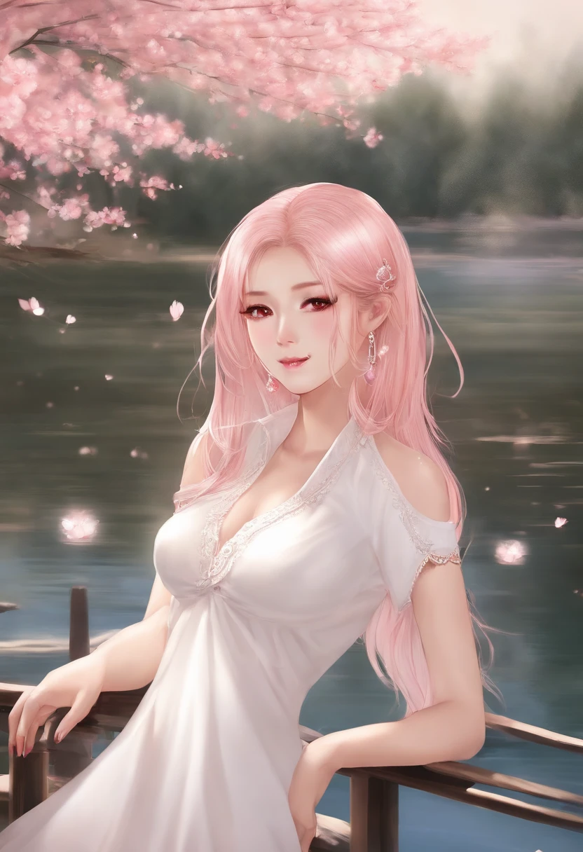 The bikini，Red Eyes, Ring, Smile, Solo, White shirt, under a cherry blossom tree，cherryblossom，NSFW，Clear next to the lake，blonde  hair，Gradient Hair，Clear moonlight，（beautiful night）pink areolae，Briefs are exposed，whole body Dripping wet，（Ponytail on both sides），Night（Pink hair），dual horsetail