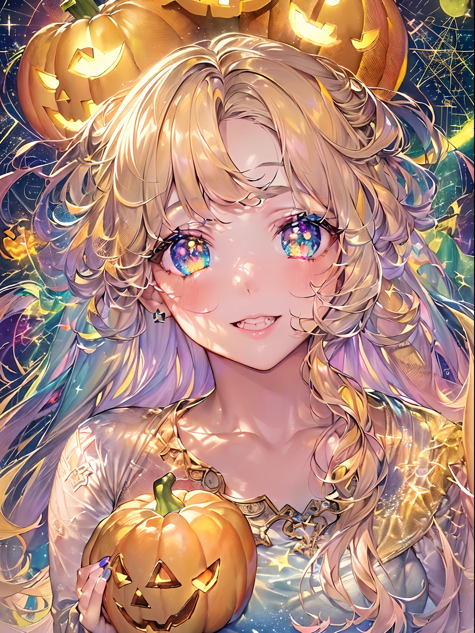 Light focus , (Bright gradient watercolor :1.5, Lens Flare:1.5 , Glitter :1.5), (Plump lips、(Jack-o'-lantern:1.5),fruit:1.2,a cake:1.2、girl with:1.5, fluffy girl:1.5)、full body Esbian、Glow , Dreamy , Bright background、Grid illusion, Colorful, girl、(((Bright sea background:1.5,Psychic in the background:1.5))),((extremely detailed eye:1.5)),{{{Ultra 8K resolution}}},((masutepiece, of the highest quality, Beautiful and aesthetic: 1.2)),{{hyper detailed masterpiece: 1.7}}, {{Cinematic lighting}},(The hair Transparency:1.5),(Light shades:1.5,light toned,Bright big aurora background:1.5、ming:1.5,Cold reflection:1.5,The edges of the object are reflected by a rainbow:1.5) 、(Golden ratio: 1.2), (Full body: 1.2), (Super Detail: 1.3), (girl with: 1.3), (Fractal Art: 1.3), {{{Glitter Pupil:1.25}}}) , ((rainbow-colored hair:1.2、colourful hair、Half yellow and half golden hair:1.5,Shiny hair: 1.2)), (Heterochromia), (full body Esbian), (Hyper-detailing), ((delicate detail)), (intricate-detail), ((Cinematic Light, Highest quality backlight)), High contrast, {{{The best lighting, Very delicate and beautiful}}}, (( Cinematic Light)), (ray trace reflection, Glow), (((glowing aura)), {{{Glowing hair:1.25}}}, ((Super Detail)), (8K)), ((a closeup)), ((Brown skin)), ((Seductive smile)) ,((high angle full body shot)), (Full body:1.2)、(firmament:1.5)