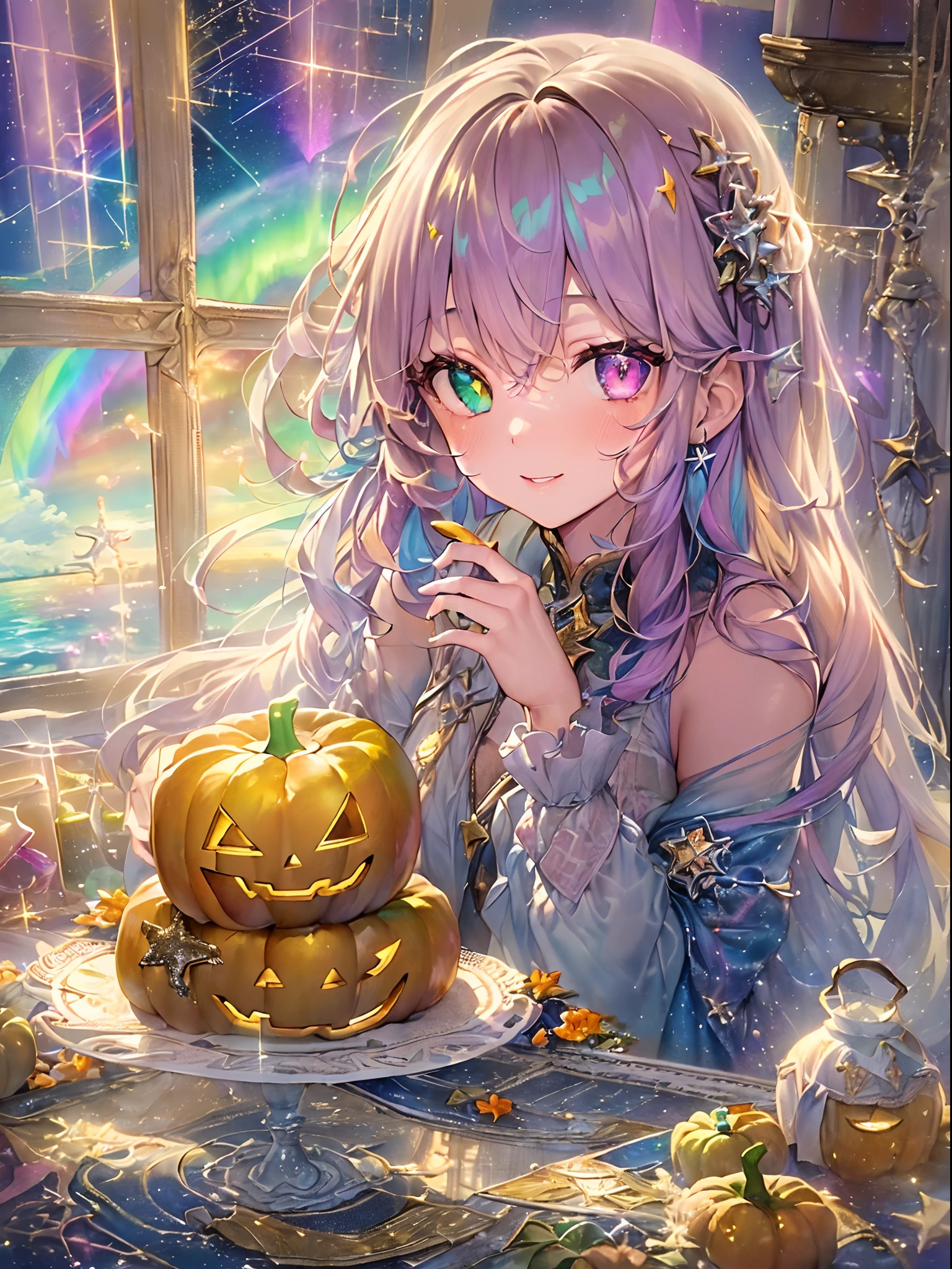 Light focus , (Bright gradient watercolor :1.5, Lens Flare:1.5 , Glitter :1.5), (Plump lips、(Jack-o'-lantern:1.5),fruit:1.2,a cake:1.2、girl with:1.5, fluffy girl:1.5)、full body Esbian、Glow , Dreamy , Bright background、Grid illusion, Colorful, girl、(((Bright sea background:1.5,Psychic in the background:1.5))),((extremely detailed eye:1.5)),{{{Ultra 8K resolution}}},((masutepiece, of the highest quality, Beautiful and aesthetic: 1.2)),{{hyper detailed masterpiece: 1.7}}, {{Cinematic lighting}},(The hair Transparency:1.5),(Light shades:1.5,light toned,Bright big aurora background:1.5、ming:1.5,Cold reflection:1.5,The edges of the object are reflected by a rainbow:1.5) 、(Golden ratio: 1.2), (Full body: 1.2), (Super Detail: 1.3), (girl with: 1.3), (Fractal Art: 1.3), {{{Glitter Pupil:1.25}}}) , ((rainbow-colored hair:1.2、colourful hair、Half yellow and half golden hair:1.5,Shiny hair: 1.2)), (Heterochromia), (full body Esbian), (Hyper-detailing), ((delicate detail)), (intricate-detail), ((Cinematic Light, Highest quality backlight)), High contrast, {{{The best lighting, Very delicate and beautiful}}}, (( Cinematic Light)), (ray trace reflection, Glow), (((glowing aura)), {{{Glowing hair:1.25}}}, ((Super Detail)), (8K)), ((a closeup)), ((Brown skin)), ((Seductive smile)) ,((high angle full body shot)), (Full body:1.2)、(firmament:1.5)