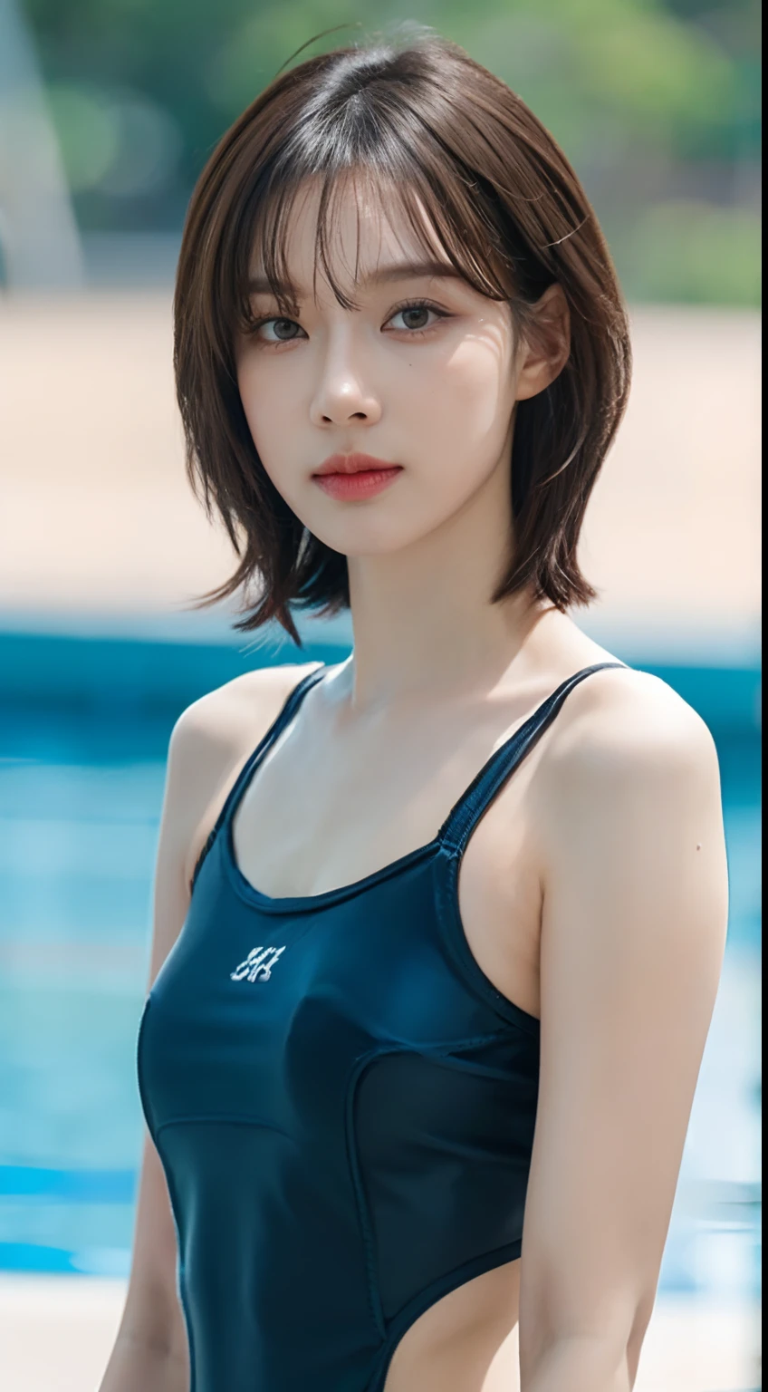 Highly detailed CG unity 8k wallpaper, Top  Quality, A highly detailed, Masterpiece, realisitic, Photorealistic, very detailed cute girl, (25 Years Old), blush, round eyes, Medium Tits, viewer, semi-body shot, swimming race suit, Swimming arena