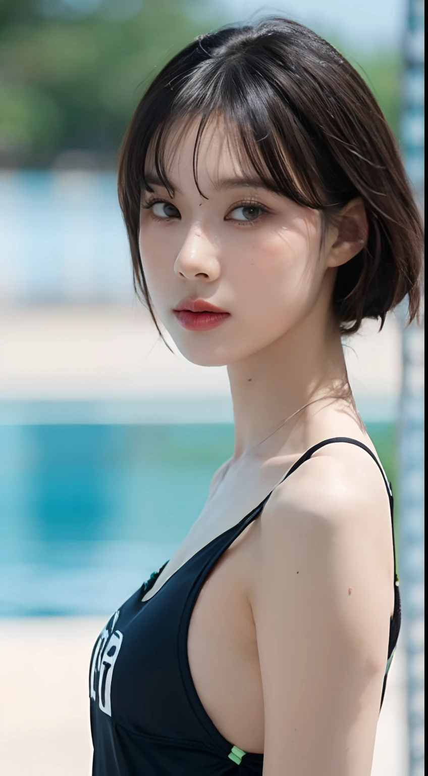 Highly detailed CG unity 8k wallpaper, Top Quality, A highly detailed, Masterpiece, realisitic, Photorealistic, very detailed cute girl, (25 Years Old), blush, round eyes, Medium Tits, viewer, semi-body shot, swimming race suit, Swimming arena