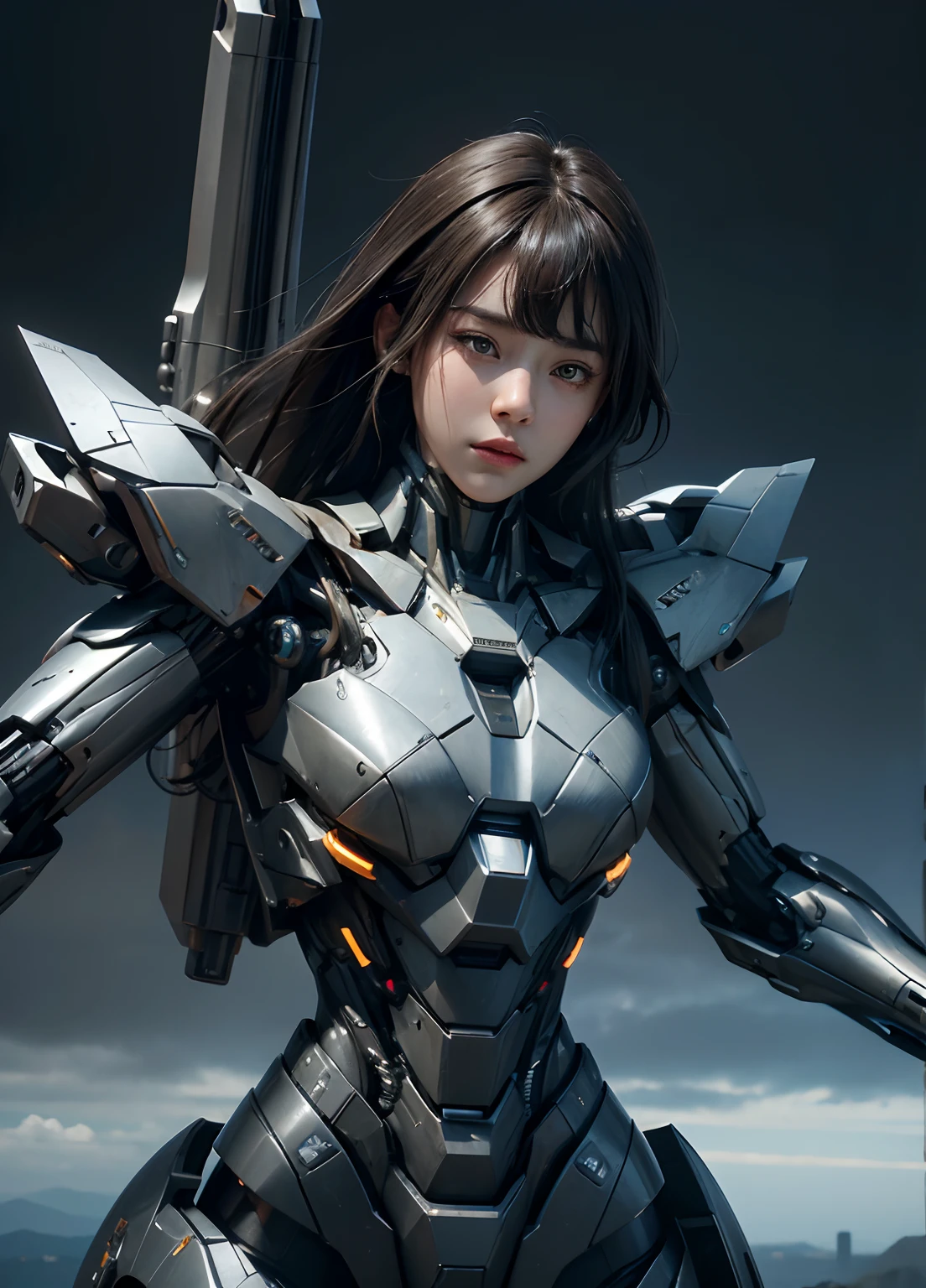 Textured skin, Super Detail, high details, High quality, Best Quality, hight resolution, 1080p, hard disk, Beautiful,(War Machine),beautiful cyborg woman,Mecha Cyborg Girl,Battle Mode,Girl with a Mecha Body,She wears a futuristic war machine weapon mech,Fulll body Shot