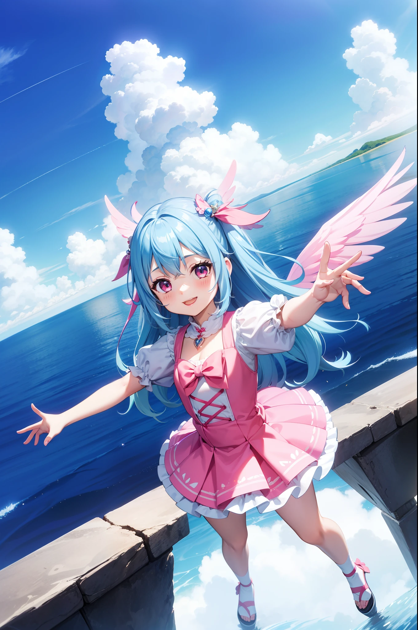 Super Idol Girl A charming smile sky blue hair length hair Twin-tailed Cute bright pink and white outfit、large wings on the back、Flying in the sky、Mystical Fantasia