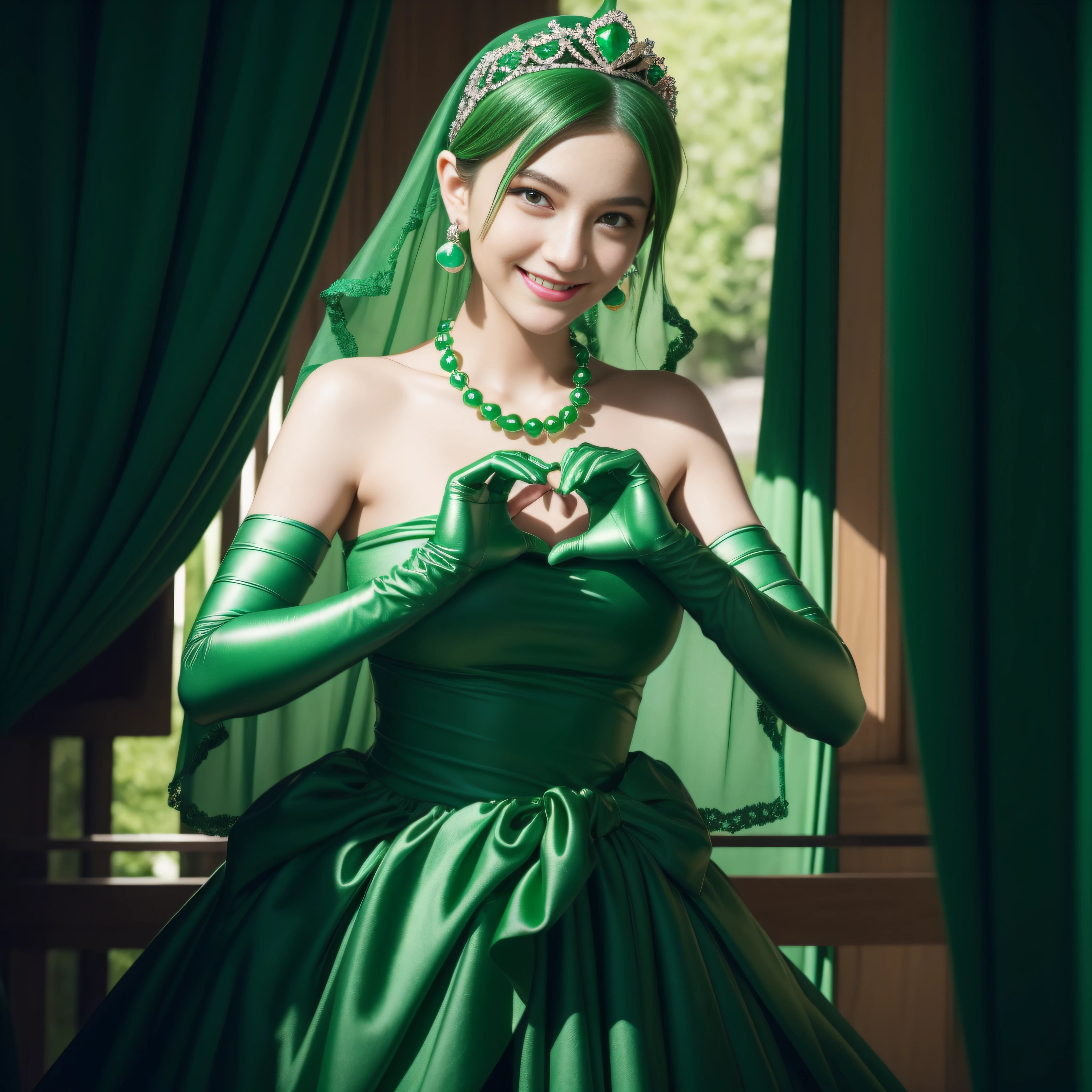 emerald tiara, Green Pearl Necklace, Boyish very short green hair, lipsticks, Japan woman smiling, very short short hair,  big breasts beautiful, Green eyes, Long green gloves made of satin material, Green eyes, Emerald Earrings, green vale, Heart with both hands