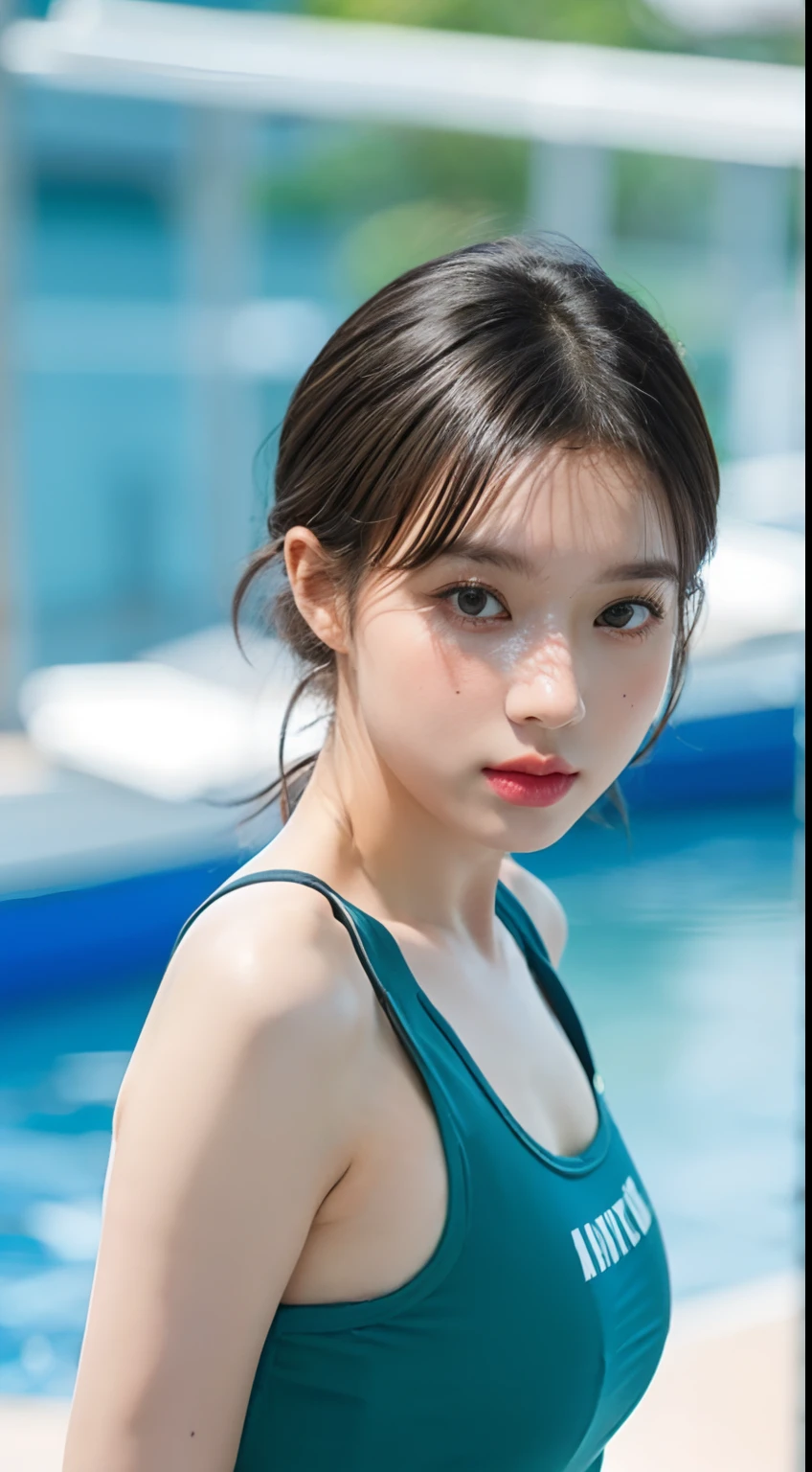 Highly detailed CG unity 8k wallpaper, Top Quality, A highly detailed, Masterpiece, realisitic, Photorealistic, very detailed cute girl, (25 Years Old), blush, round eyes, Medium Tits, viewer, semi-body shot, swimming race suit, Swimming arena