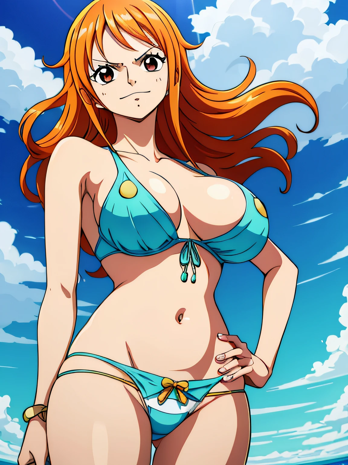 Nami de One Piece,Chica de pelo muy claro y amarillento,hermosos ojos marrones, Mejillas sonrojadas,en una nube en el cielo sonriendo al espectador,senos grandes,rubor en la mejilla con un pelo libre, The art style should resemble a captivating anime style. vivid colors, ,Su cabello debe ser de color naranja claro, barriga, barriga, pechos grandes, desnudo, desnudo
