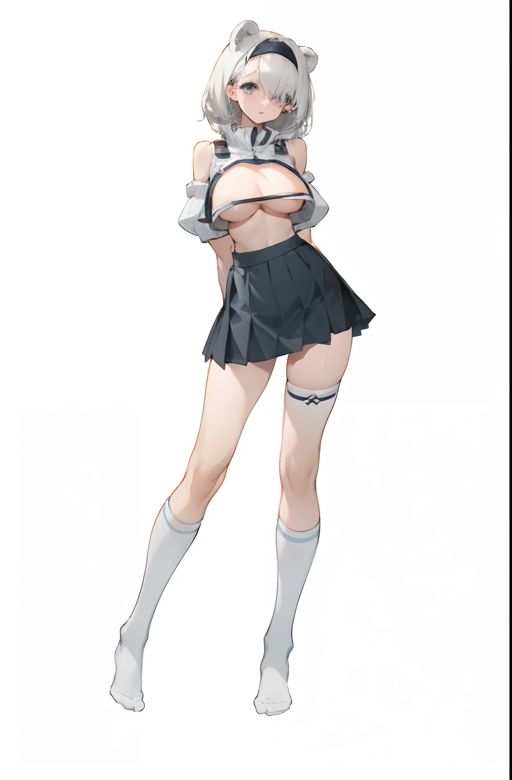 Bigboobs,cropped shoulders,knee length socks,pleatedskirt,Show your arms,No shoes on
