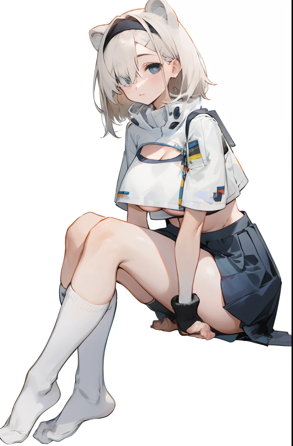 Bigboobs,cropped shoulders,knee length socks,pleatedskirt,No shoes on