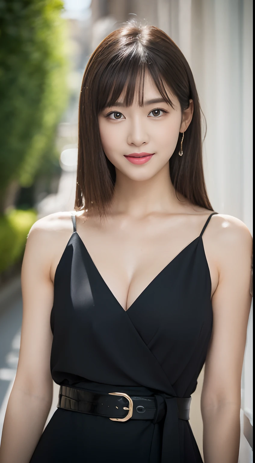 (top-quality、超A high resolution、masterpiece:1.3)、Tall and beautiful woman、longeyelashes, Medium hair with bangs, longeyelashes, Parted lips, surrealism, drop shadow, anaglyph, Verism, depth of fields, Backlighting, Expose F/1.2, Super Detail, ccurate, Best Quality, masutepiece, Detailed moisturized eyes, Textured skin, Best Quality, in 8K, blurry backround, ((thin waist with muscular lines,,,,,, skinny thigh:1.1, long legged)), ((Colossal tits)), Natural Color Lip, ssmile, Young woman in perfect style, Black slit dress