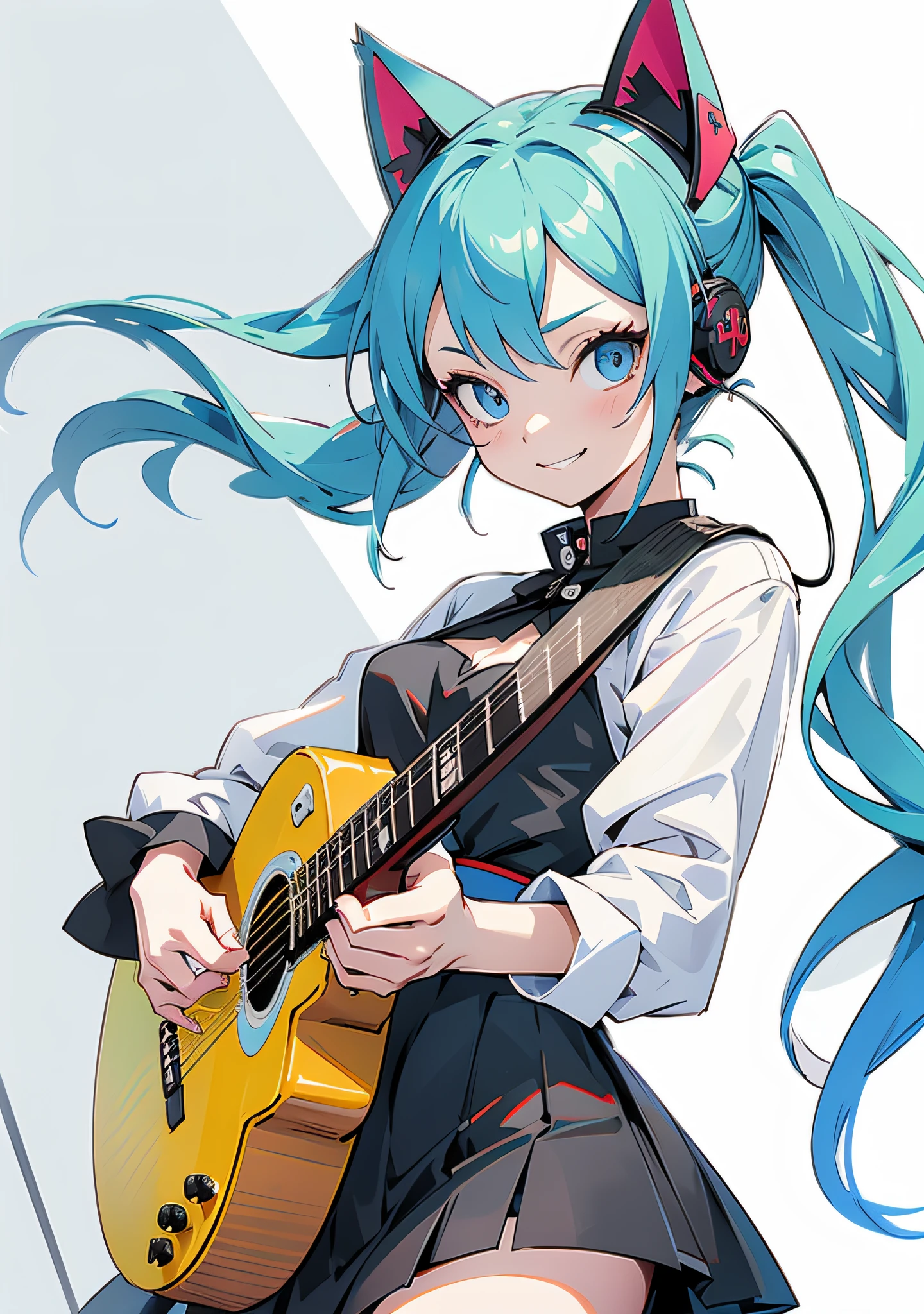 ((masutepiece, Best Quality))1girl in, Solo, Black Dress, Blue eyes, (electric guitars), headphones, double ponytails, Holding, holding plectrum, musical instrument, long green hair, Music, One side up, Twin-tailed, (Cat's ears)、playing guiter、The number of strings on the guitar is accurate、White futuristic clothes, White shirt, interiors、With a smile