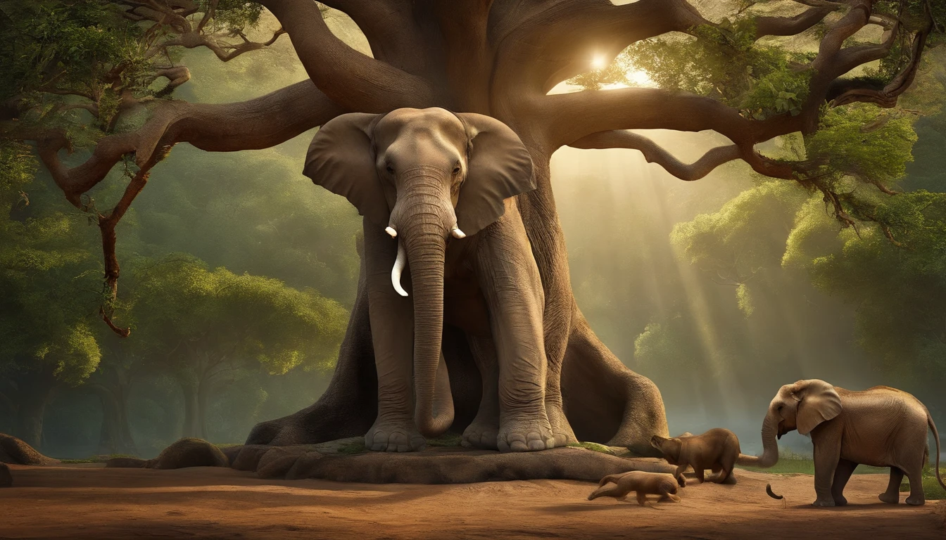 An old wise elephant standing in front of a huge old tree with big roots that seem to go very deep into the ground. The tree is surrounded by animals, like a lion, um tigre, Um macaco, and a bird, All drinking water from a pool at the base of the tree.