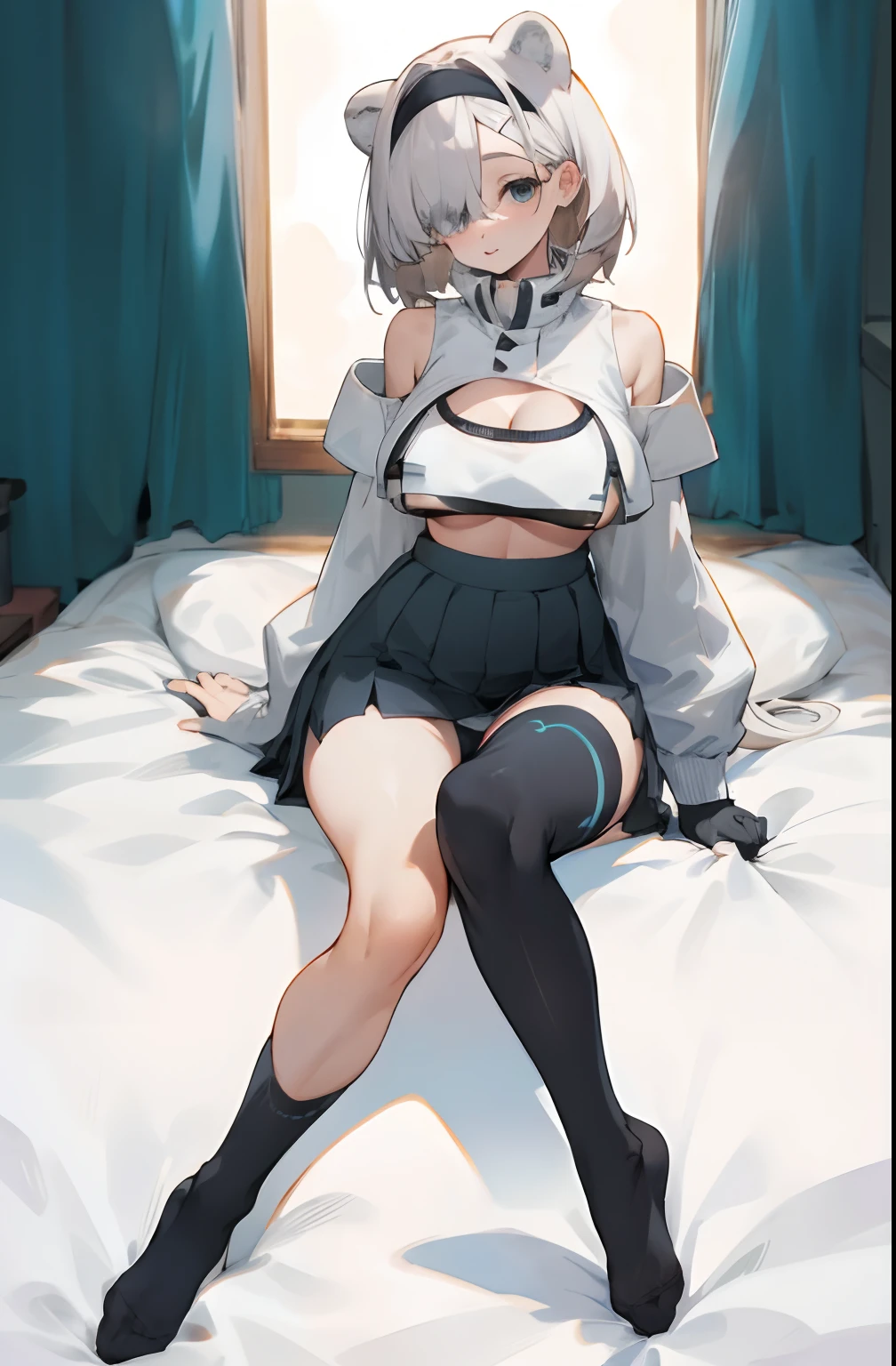 Bigboobs，cropped shoulders，knee length socks，pleatedskirt，No shoes on