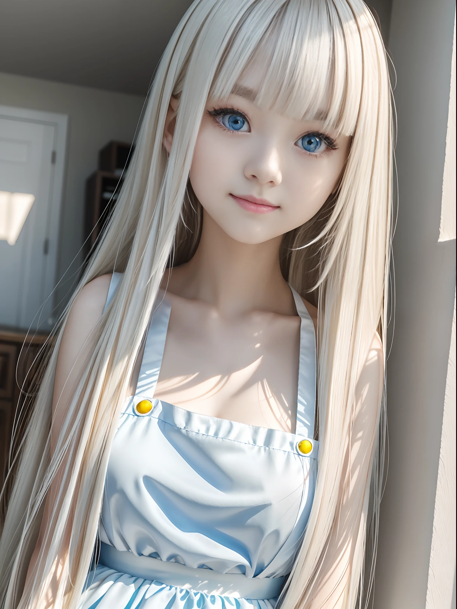master piece , best quality , (matured female) , (wariza) , hand between legs , smile , full body, Shiny platinum blonde silk super long straight hair, beautiful shiny bangs, big clear sky blue eyes, very beautiful bright eye highlights, Embarrassing, Blushing