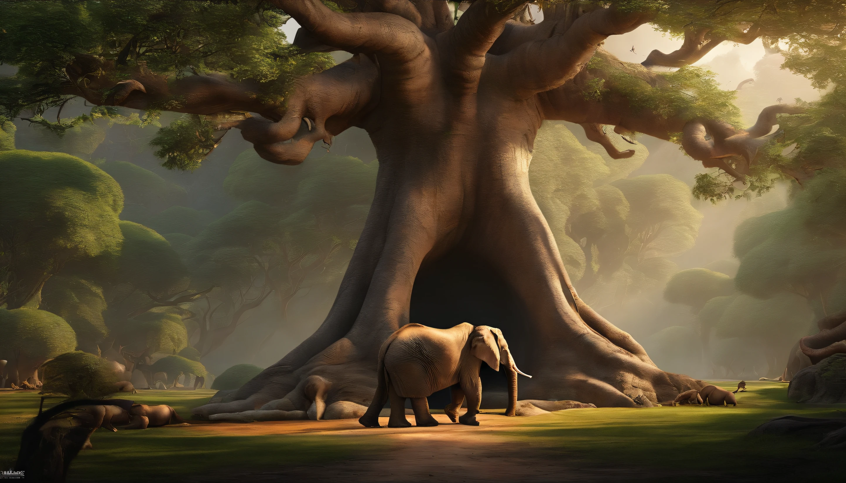 An old wise elephant standing in front of a huge old tree with big roots that seem to go very deep into the ground. The tree is surrounded by animals, like a lion, um tigre, Um macaco, and a bird, All drinking water from a pool at the base of the tree.