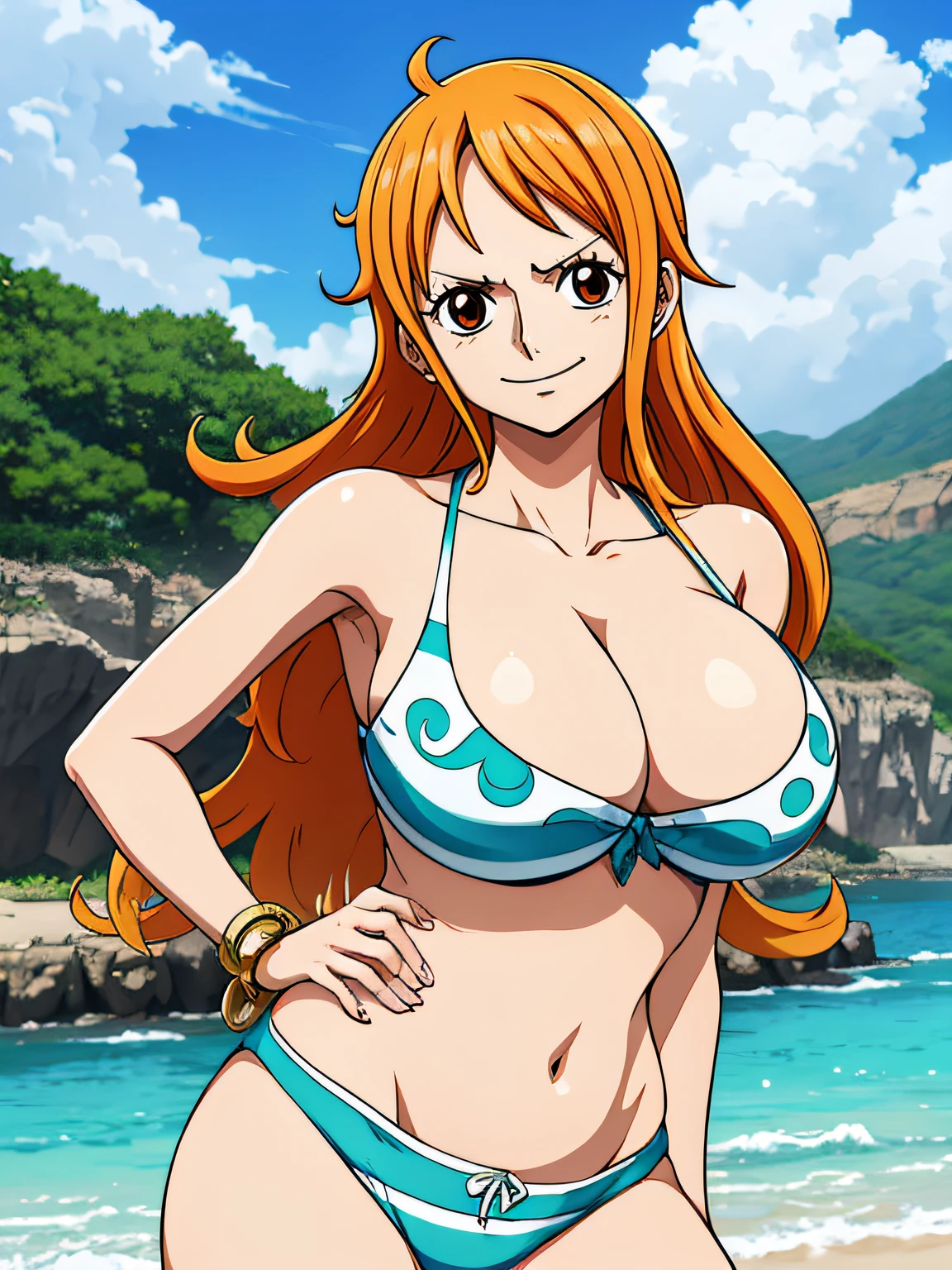 Nami de One Piece,Chica de pelo muy claro y amarillento,hermosos ojos marrones, Mejillas sonrojadas,en una nube en el cielo sonriendo al espectador,senos grandes,rubor en la mejilla con un pelo libre, The art style should resemble a captivating anime style. vivid colors, ,Su cabello debe ser de color naranja claro, barriga, barriga, pechos grandes