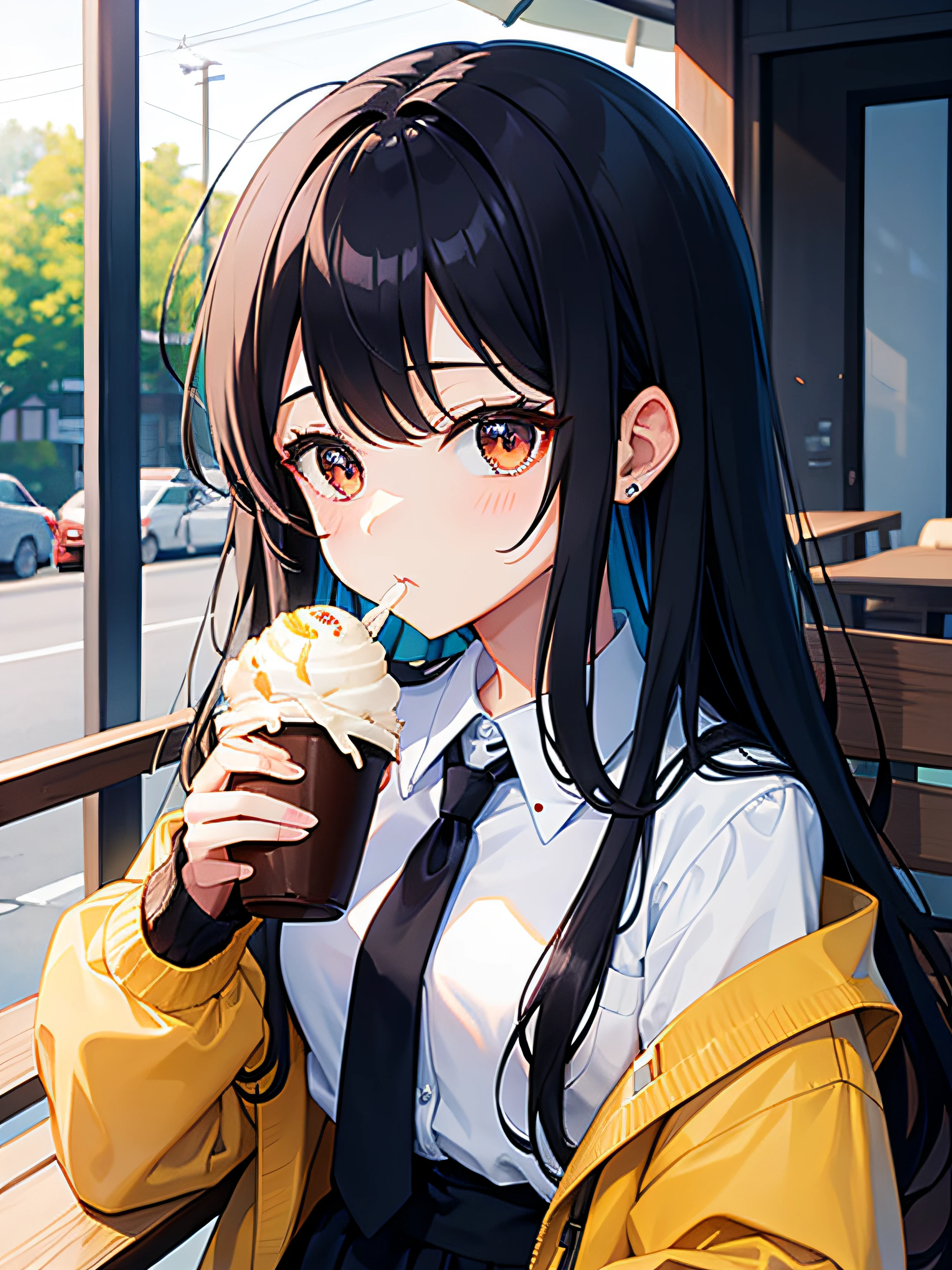high-level image quality、Ear flames、Long black hair with pinned bangs、1人、cardigan、Eating ice cream。