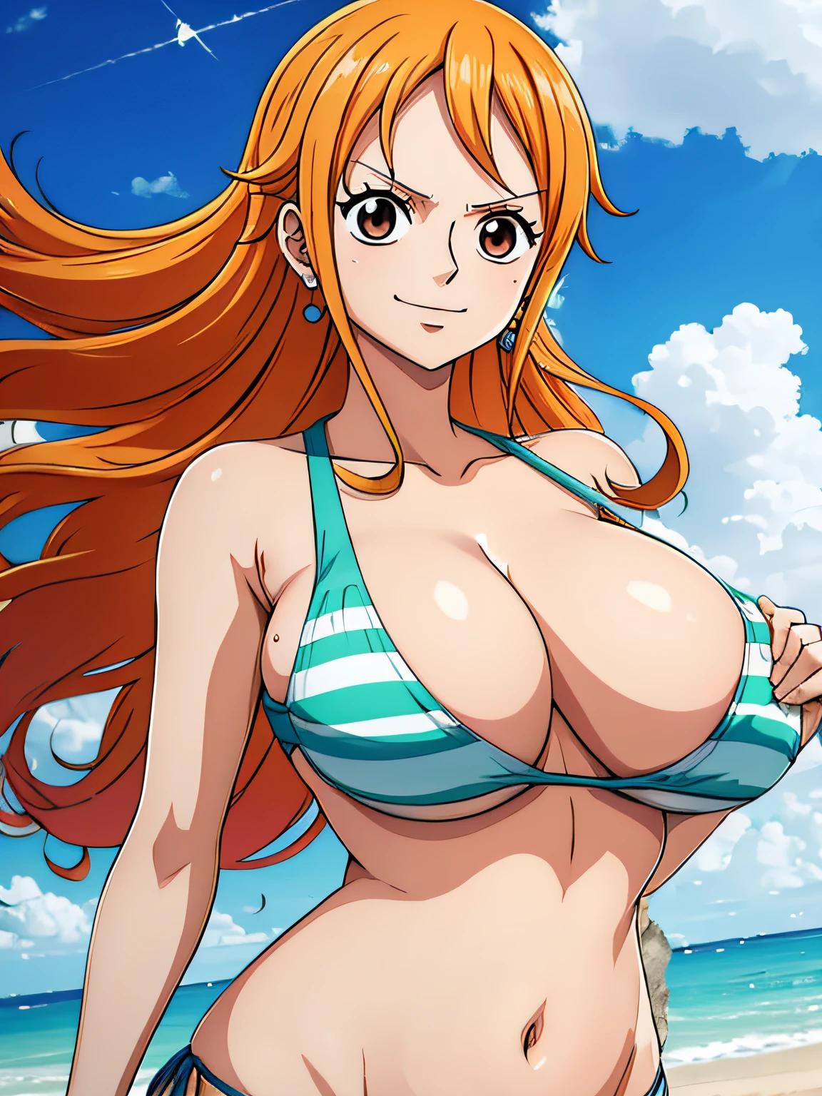 Nami de One Piece,Chica de pelo muy claro y amarillento,hermosos ojos marrones, Mejillas sonrojadas,en una nube en el cielo sonriendo al espectador,senos grandes,rubor en la mejilla con un pelo libre, The art style should resemble a captivating anime style. vivid colors, ,Su cabello debe ser de color naranja claro, barriga, barriga, pechos grandes