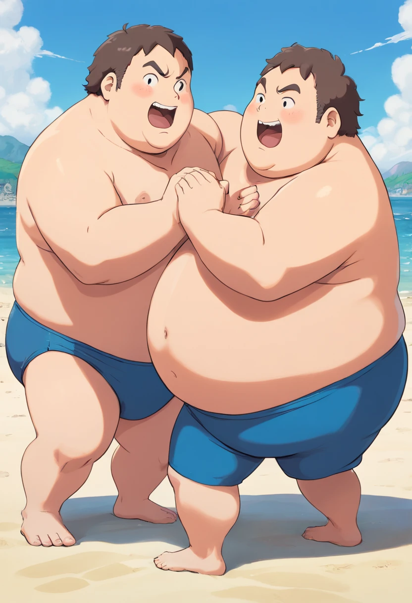 cartoon of two identical very chubby men wrestling on the beach. they struggle to make the other fall. they both wear Speedos of different colors. they have huge round ball bellies