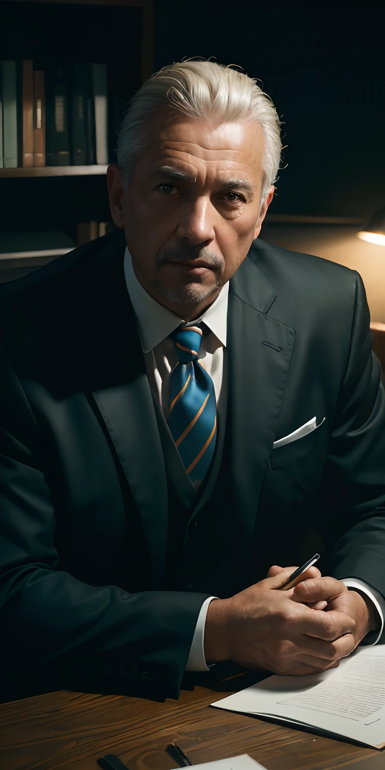 (((Businessman in suit))),  In his desk office, Photorealistic,  Photo,  masutepiece,  Realistic, Realism,  Photorealism, ( High contrast),  (((photorealistic digital art trending on Artstation 8k HD high definition detailed realistic))),  Skin Texture, Hyper Detailed, Realistic skin texture, armature, Best Quality,  ((超A high resolution)), (Photorealistic:1.4),, High resolution, Detailed, Raw photo, Sharp Re, by lee jeffries 「Nikon D850 Film」Stock Photo 4 Kodak Portra 400 Camera F1.6 lens rich colors hyper realistic lifelike texture dramatic lighting unrealengine trending on artstation cinestill 800,