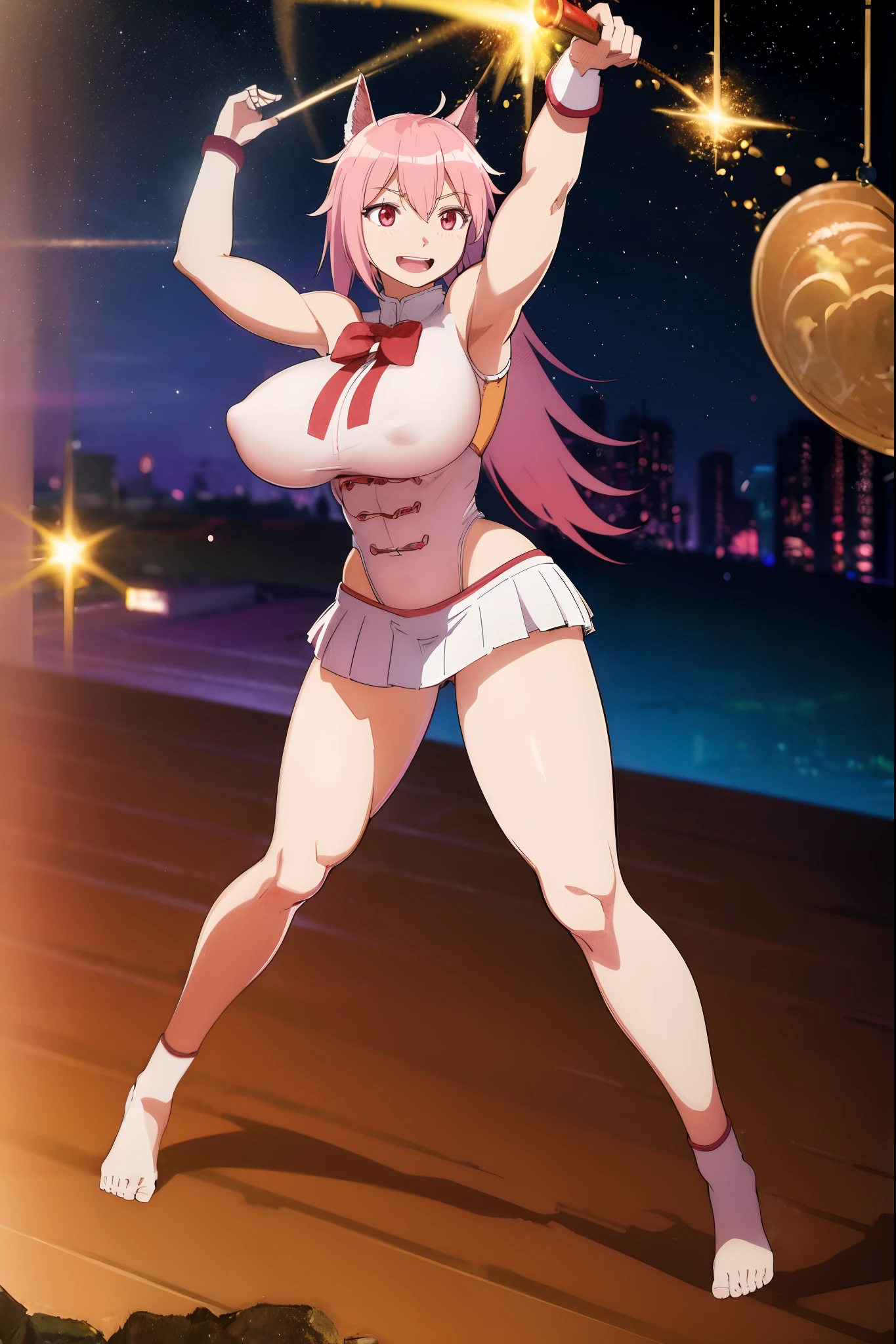 (best quality,4k,8k,highres,masterpiece:1.2),ultra-detailed,(),pink,madoka,muscle girl,crazy smile,barbarian,revealing clothes,long hair,living hair,red eyes,full body,feet,huge breast,body suit,magical girl,illustration,extreme detail description,vivid colors,sharp focus,physically-based rendering,portraits,studio lighting,bokeh,lush garden,happy expression,dynamic pose,fantasy scenery,sparkling magic,colourful background,imposing presence,single character,heroic stance,anime style,vibrant hues,soft lighting