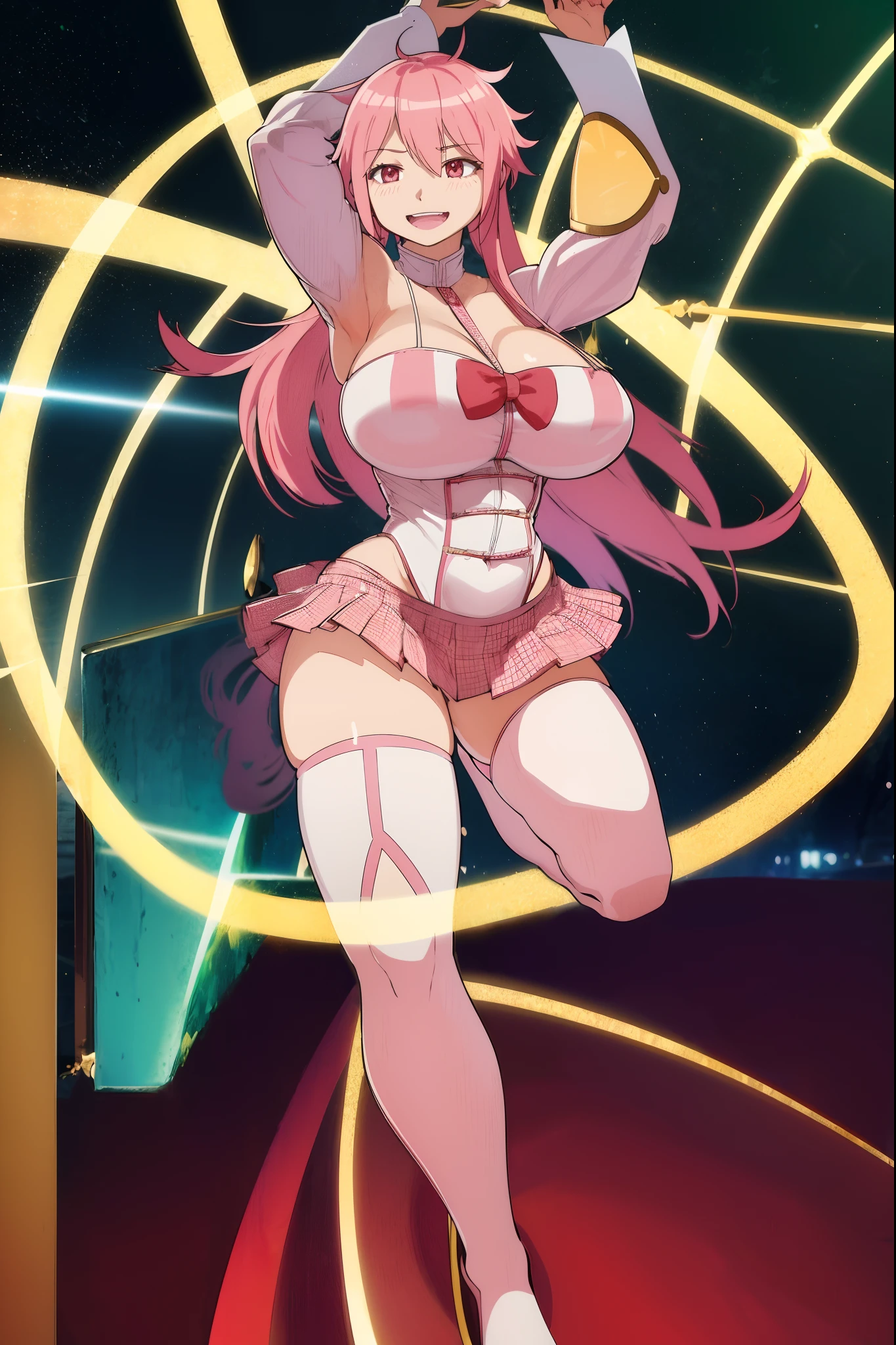 (best quality,4k,8k,highres,masterpiece:1.2),ultra-detailed,(),pink,madoka,muscle girl,crazy smile,barbarian,revealing clothes,long hair,living hair,red eyes,full body,feet,huge breast,body suit,magical girl,illustration,extreme detail description,vivid colors,sharp focus,physically-based rendering,portraits,studio lighting,bokeh,lush garden,happy expression,dynamic pose,fantasy scenery,sparkling magic,colourful background,imposing presence,single character,heroic stance,anime style,vibrant hues,soft lighting