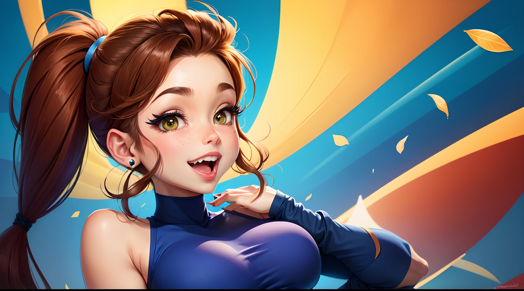 Youngh ,Woman, styled, with straight brown hair , blue colored eyes, clothes in bank colors, cerulean, with the initials DS on clothing initials DS on adult clothing, role model, styled descolada, DS ,Woman 18 anos,realistic human model , showing the tongue , drinking condensed milk spilling on face in hair, oozing, dripping down