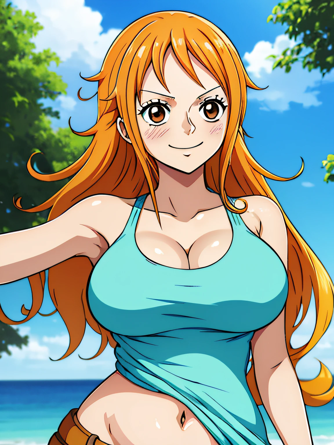 Nami from one piece,very light orange and yellowish haired girl,beautiful brown eyes, blushing cheeks,in a clouds in the sky smiling at the viewer,large breasts,blushing on the cheek with a free hair, The art style should resemble a captivating anime style. vivid colors, ,her hair should be light orange, barriga, belly, big breasts