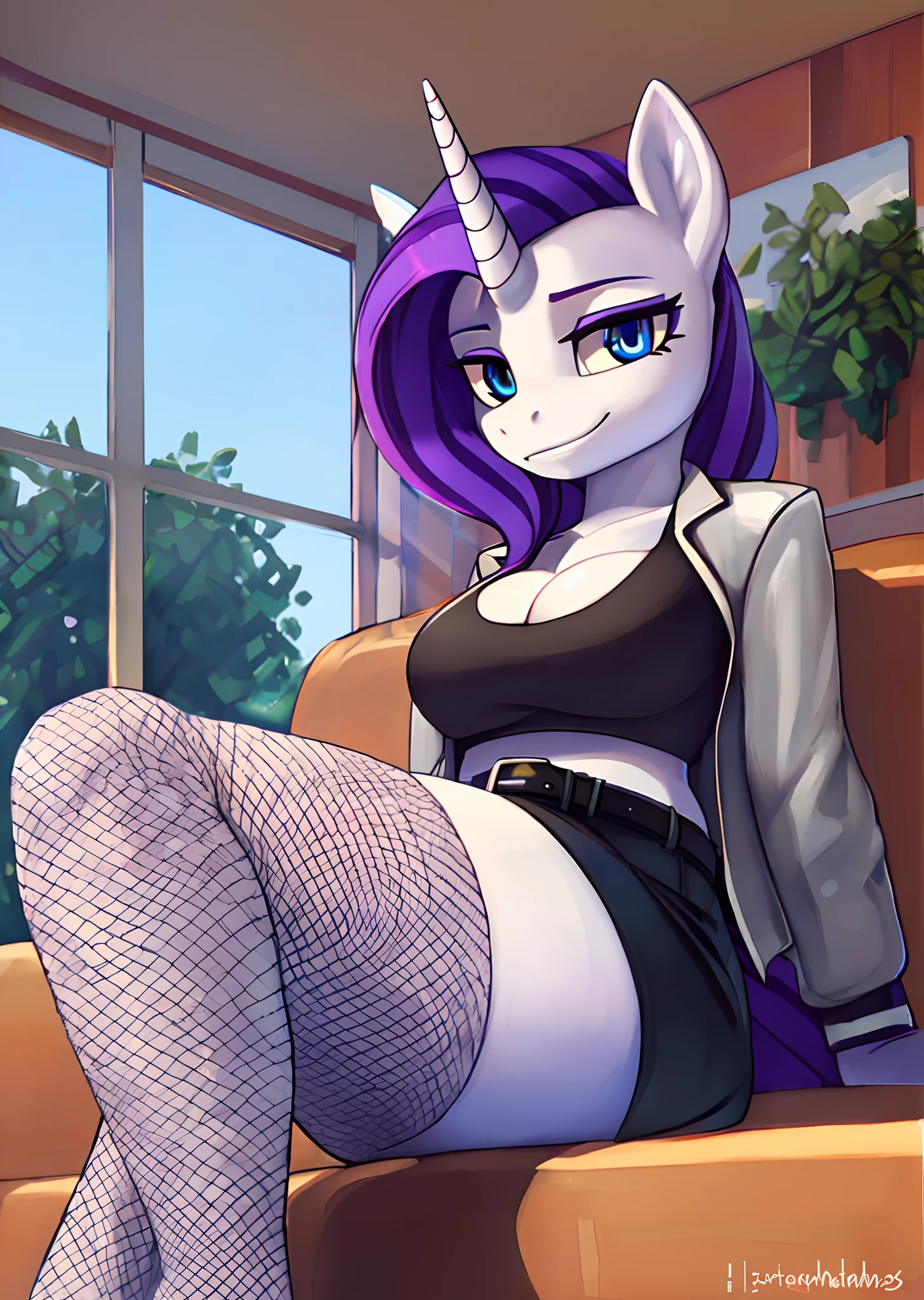 [rarity], [Uploaded to e621.net; (siden), (Pixelsketcher), (mayosplash), (wamudraws)], ((masterpiece)), ((HD)), ((high quality)), ((solo portrait)), ((cowboy shot)), ((furry; anthro)), ((detailed fur)), ((detailed shading)), ((beautiful render art)),  ((intricate details)), {anthro horse; (slim figure), (white fur), cute indigo eyes, (half-closed eyes), horse snout, (long curly purple hair), (light-purple highlights), (long curly purple horse tail), (short unicorn horn), (gorgeous hips), smug smirk}, {(black tee shirt), (cleavage), (silver leather jacket), (short black pencil skirt), (black belt), (silver buckle), (fishnet thigh-highs)}, {(sitting on couch), (legs crossed), (looking at viewer)}, [background; (salon), (mirror), (window), (blue sky), (sun rays)]