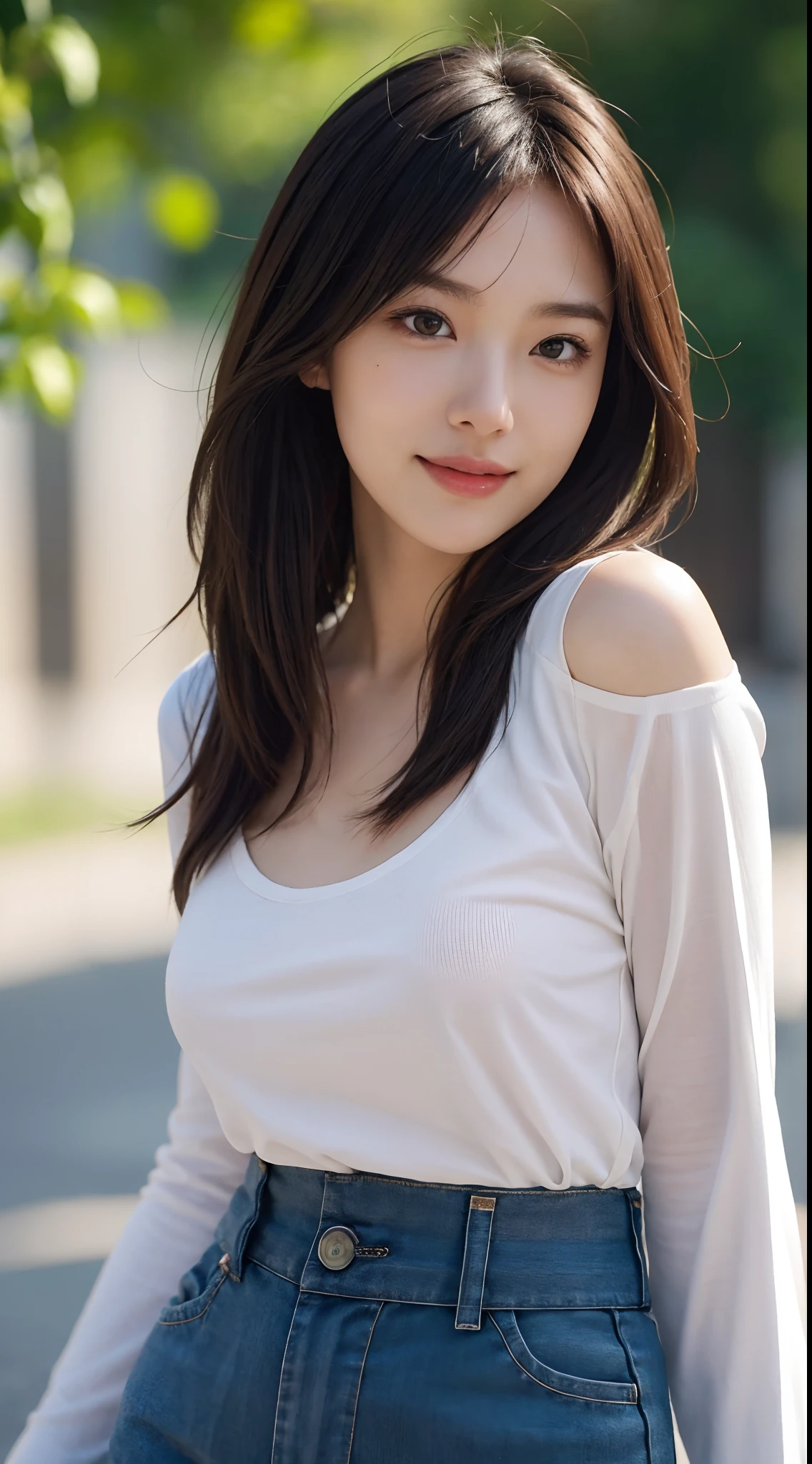 masutepiece, The highest image quality, High quality, Beautiful woman, Detailed, Detailed eyes, Detailed skin, Beautiful skin, Ultra High Resolution, (reality: 1.4),Very beautiful, Slightly younger face, Beautiful skin, slender, (A hyper-realistic), (hight resolution), (8K), (Very detailed) (beautifully detailed eyes), (super detailed), T-shirt, Pants, (Wallpaper), (Detailed face), Looking at Viewer, Fine details, Detailed face, Smiling, Looking straight ahead, Looking straight ahead, angle from waist up, photos realistic, Bright lighting, Professional Lighting, Mature Woman, Brown hair, Shoulder-length straight hair swaying in the wind, long stylish bangs,