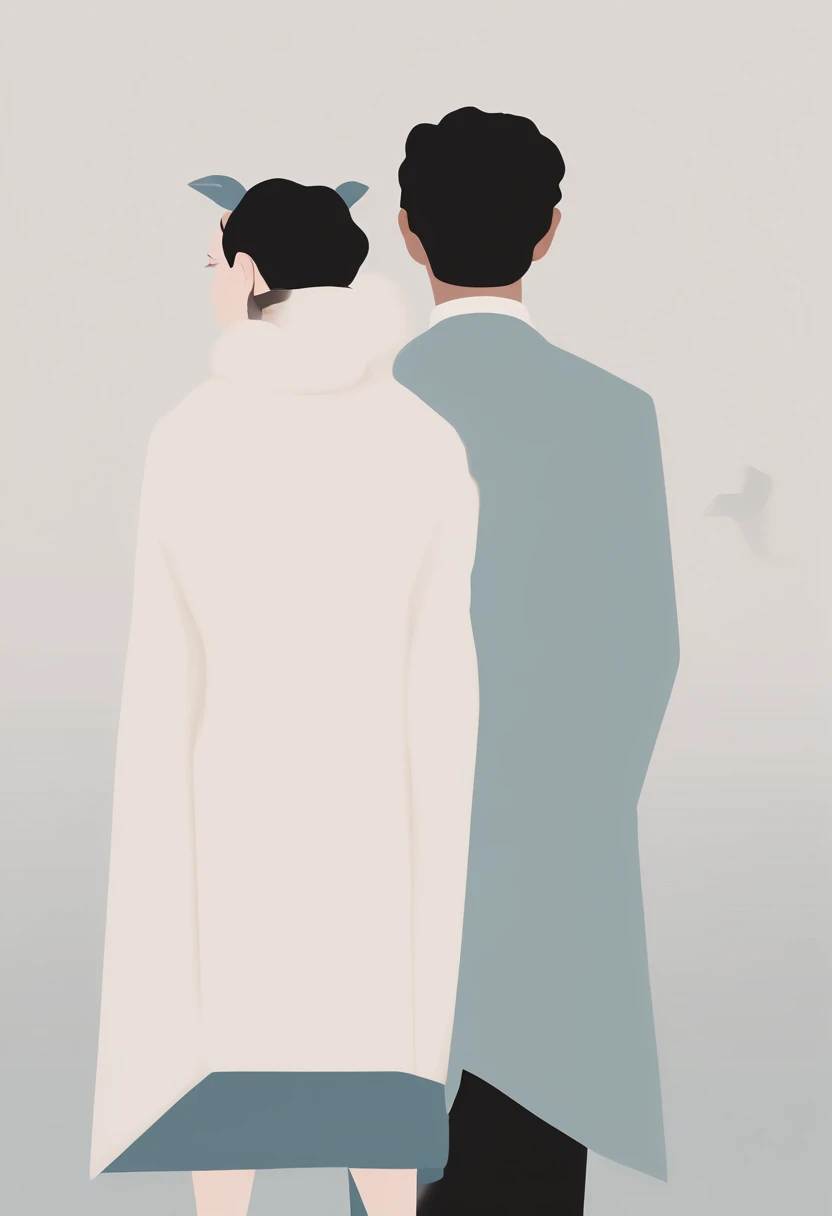 A man and a woman have a lot of labels on their heads,There is a sheep and a wolf in the background