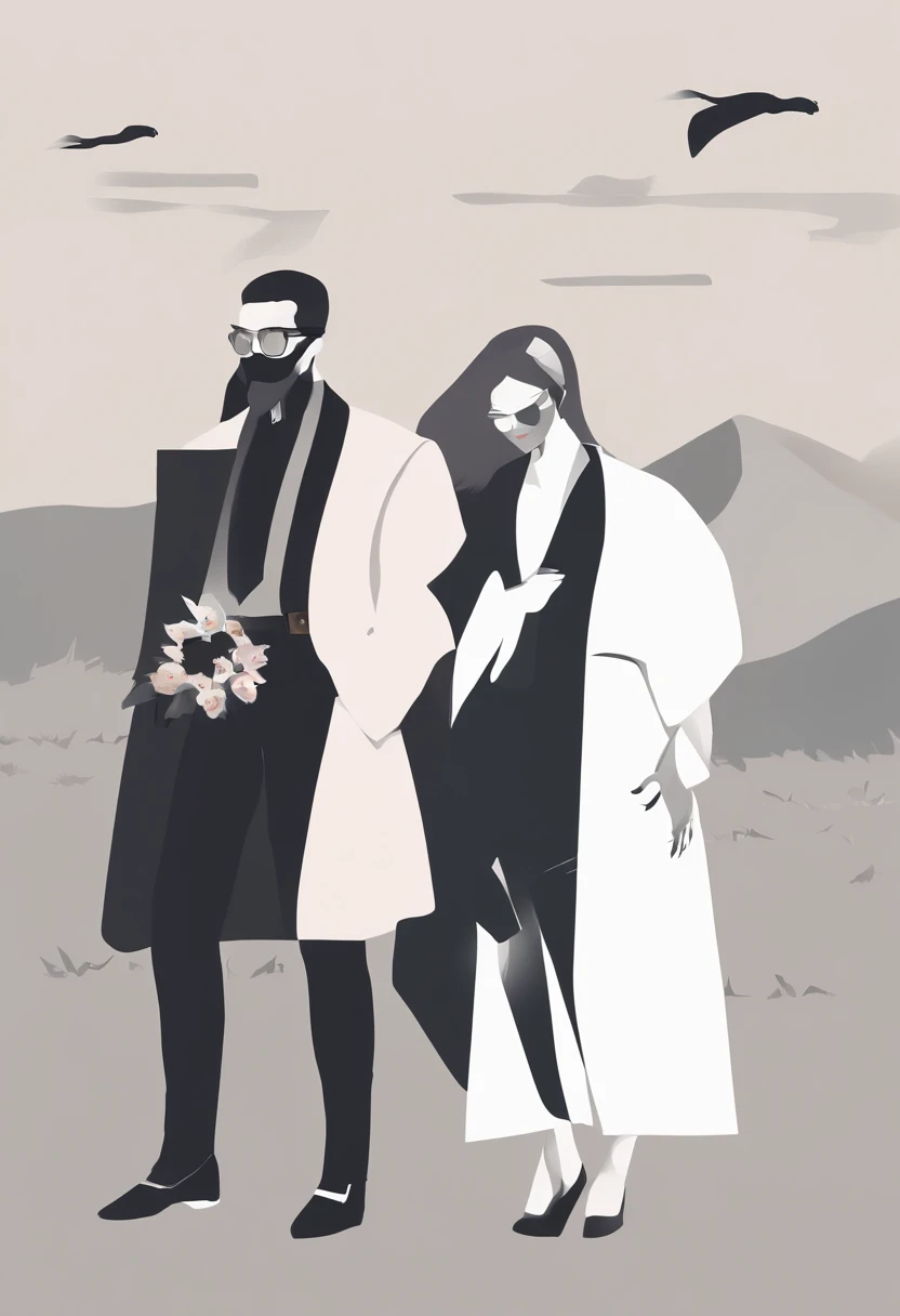 A man and a woman have a lot of labels on their heads,There is a sheep and a wolf in the background