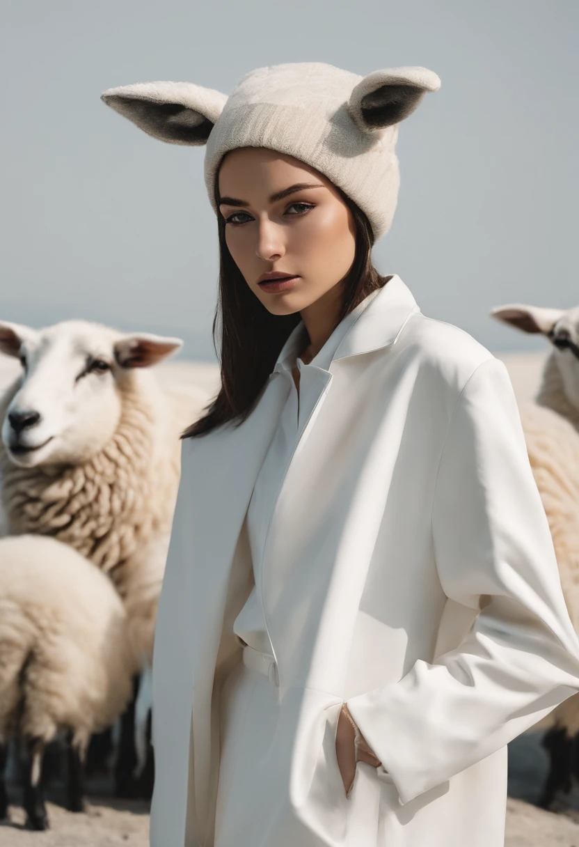 A man and a woman have a lot of labels on their heads,There is a sheep and a wolf in the background